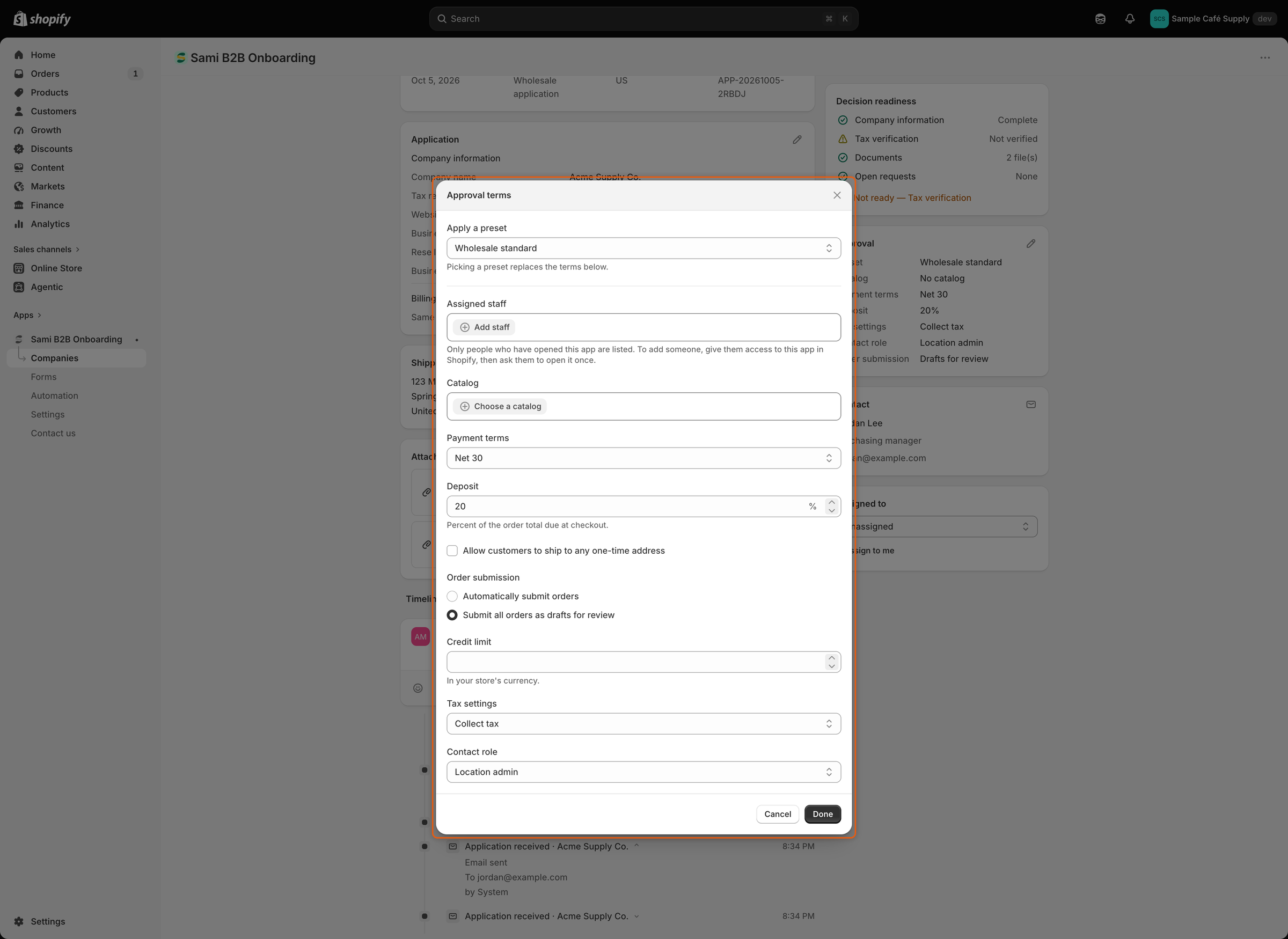 The Approval terms dialog with Wholesale standard under Apply a preset, no catalog chosen, Net 30 payment terms, a 20% deposit, Submit all orders as drafts for review, Collect tax and Location admin.
