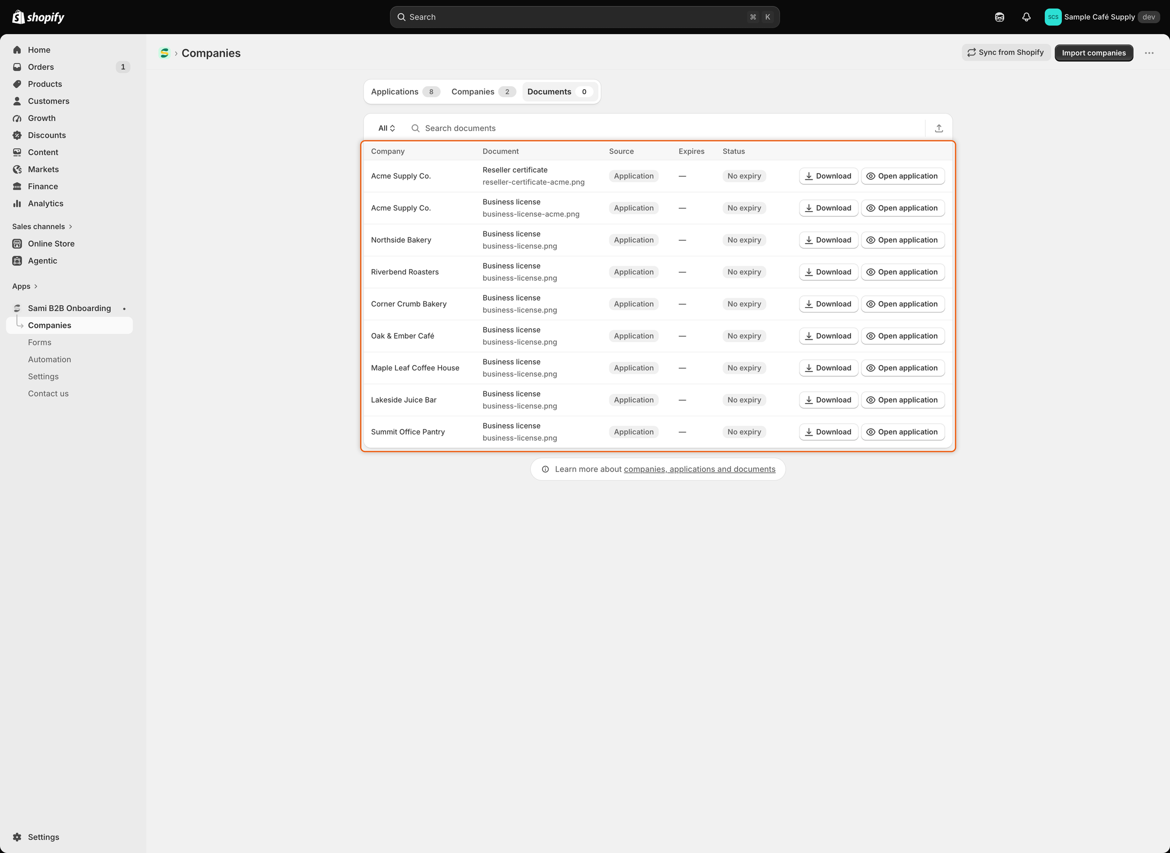 The Documents tab listing uploaded files by company, each with its document type and file name, Application as the source, No expiry status, and Download and Open application buttons.