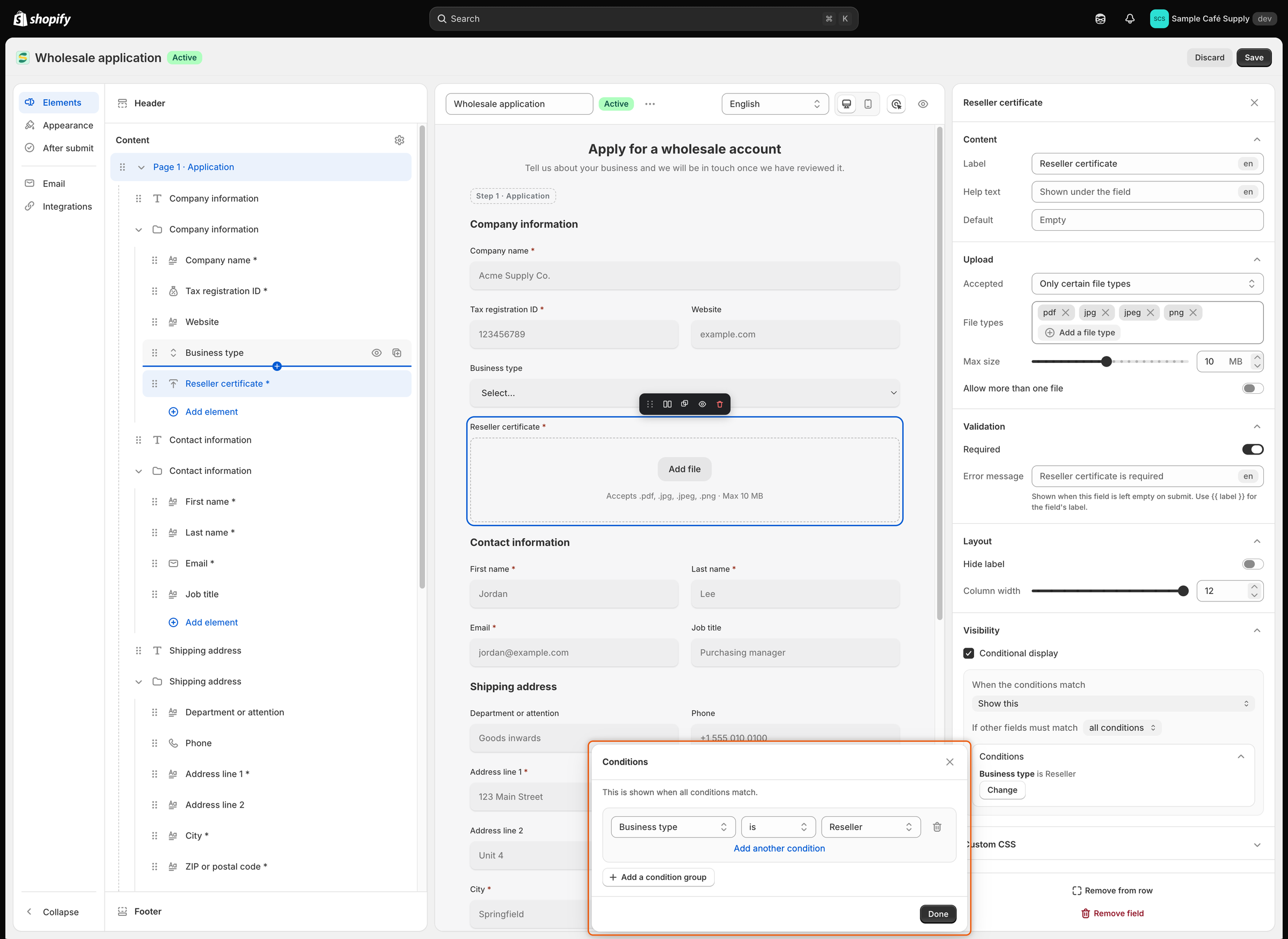 The Conditions window with one condition, Business type is Reseller, and the Done button.