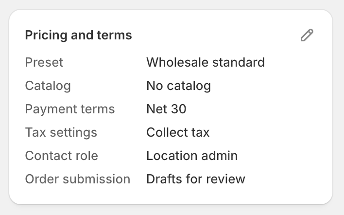 The Pricing and terms card showing the Wholesale standard preset, No catalog, Net 30 payment terms, Collect tax, a Location admin contact role and Drafts for review, with a pencil icon.