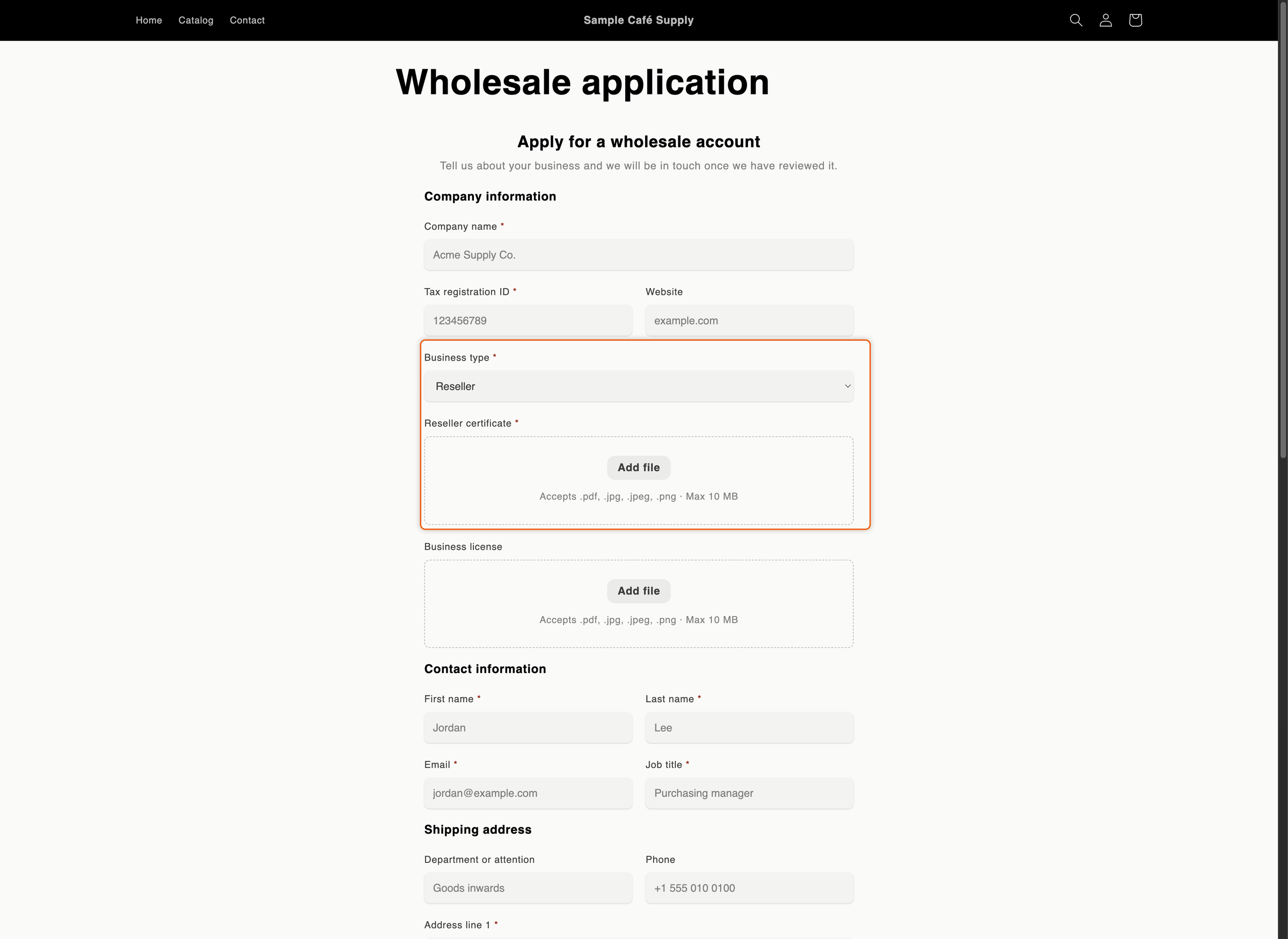 The storefront form with Reseller picked as the business type and a Reseller certificate upload box shown below it.