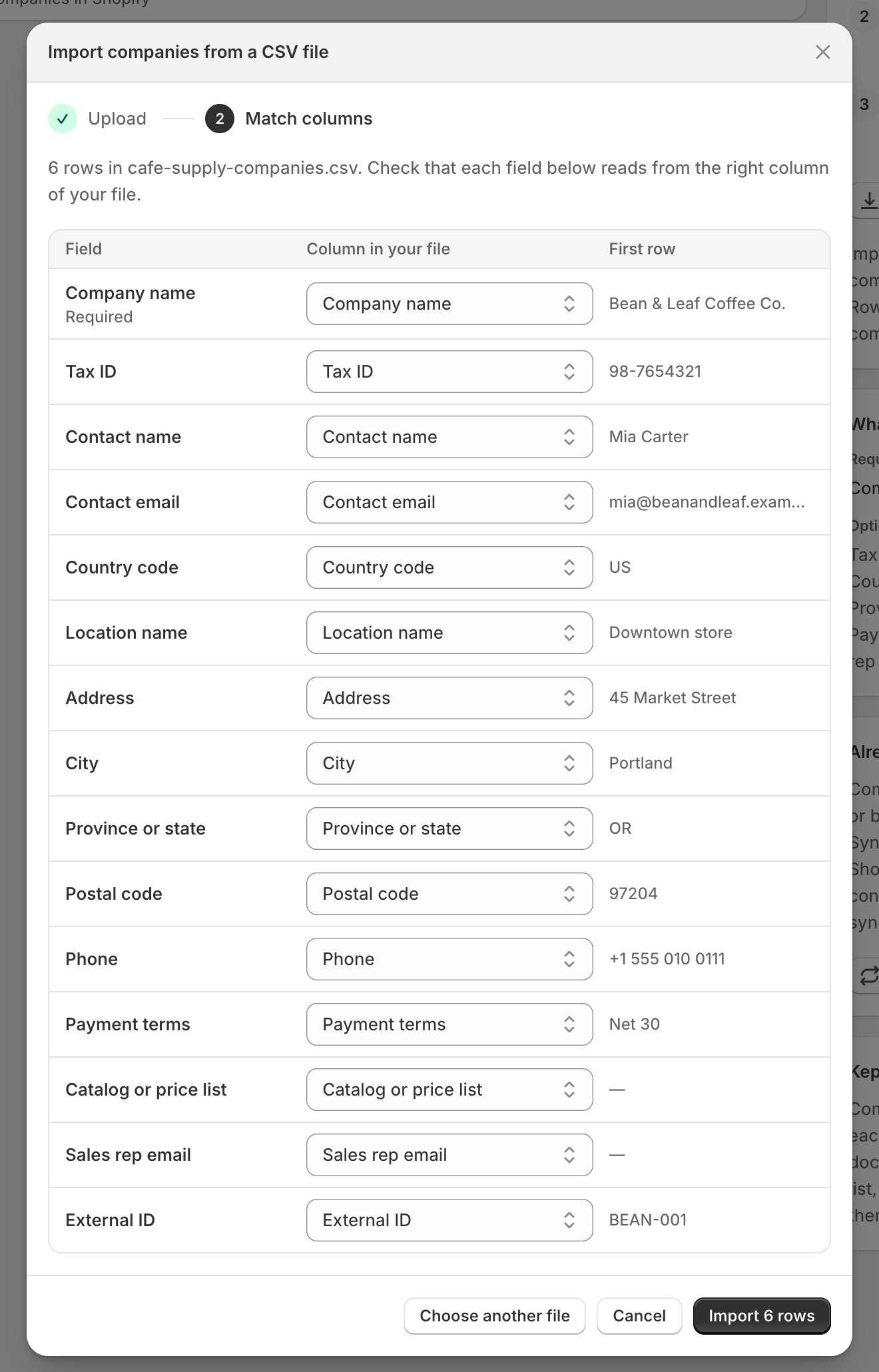 The Import companies from a CSV file dialog on the Match columns step for a 6-row file, listing each field with its matched column and first-row value, and an Import 6 rows button.