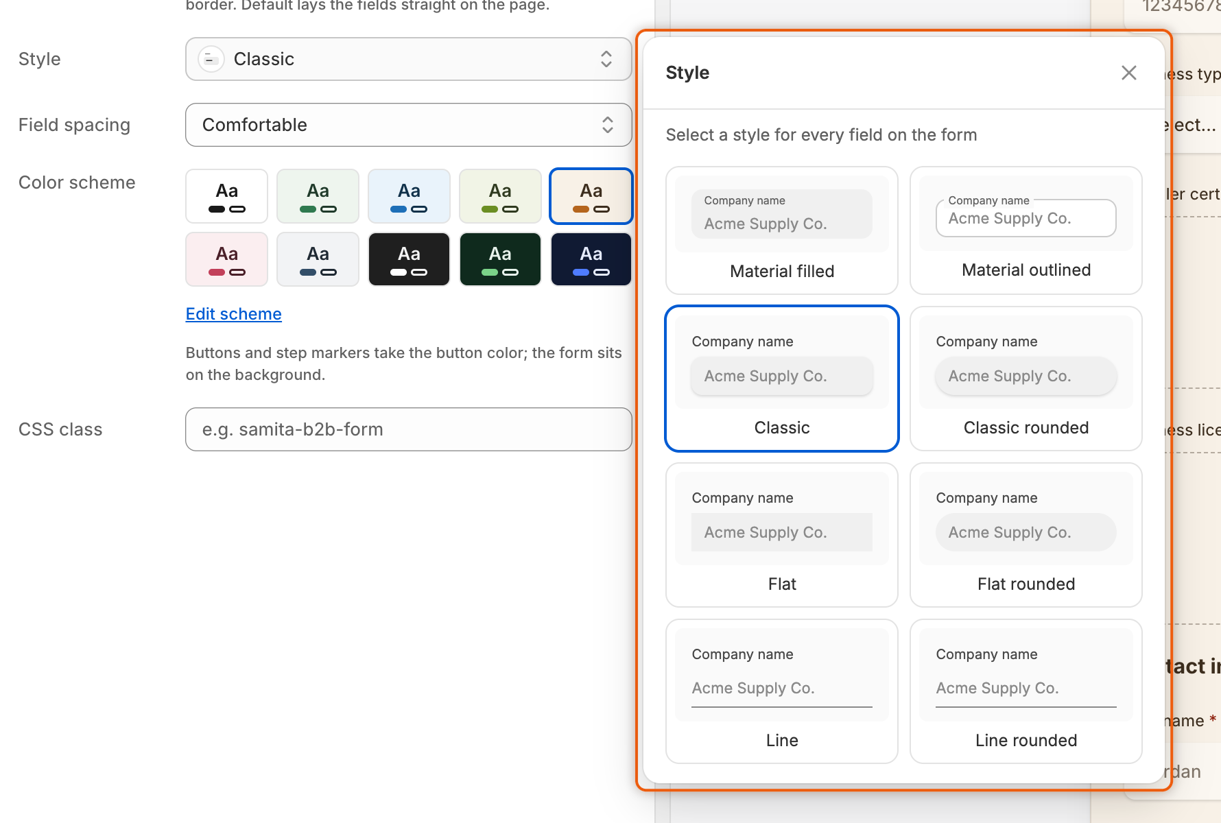 The Style panel showing eight sample Company name fields, one for each field style, with Classic selected.
