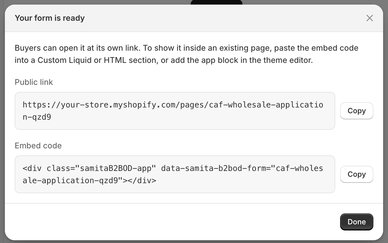 The Your form is ready dialog showing the form's public link and embed code, each with a copy button.