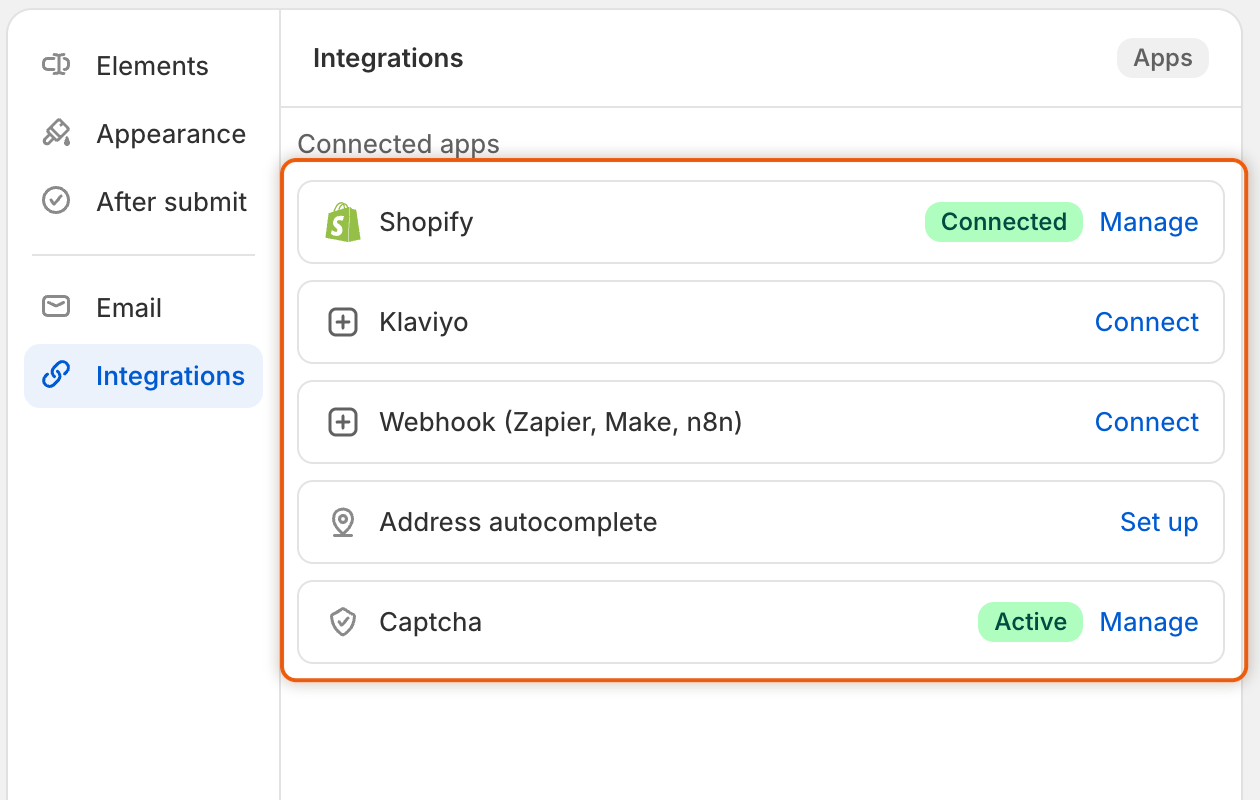 The Connected apps list in the form builder's Integrations section, with Shopify marked Connected and Captcha marked Active (each with Manage), Klaviyo and Webhook (Zapier, Make, n8n) showing Connect, and Address autocomplete showing Set up.