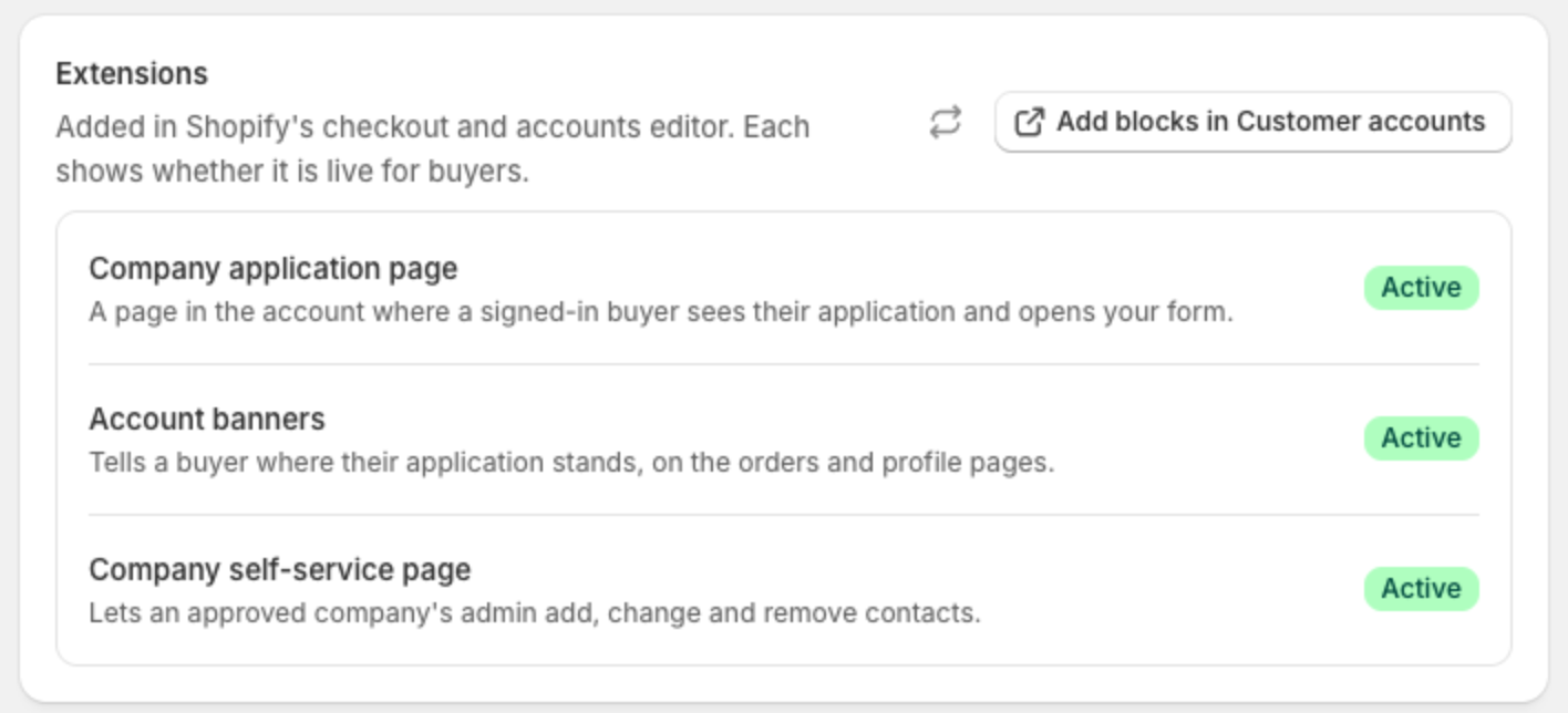 The Extensions card in Settings, listing Company application page, Account banners and Company self-service page, each marked Active.