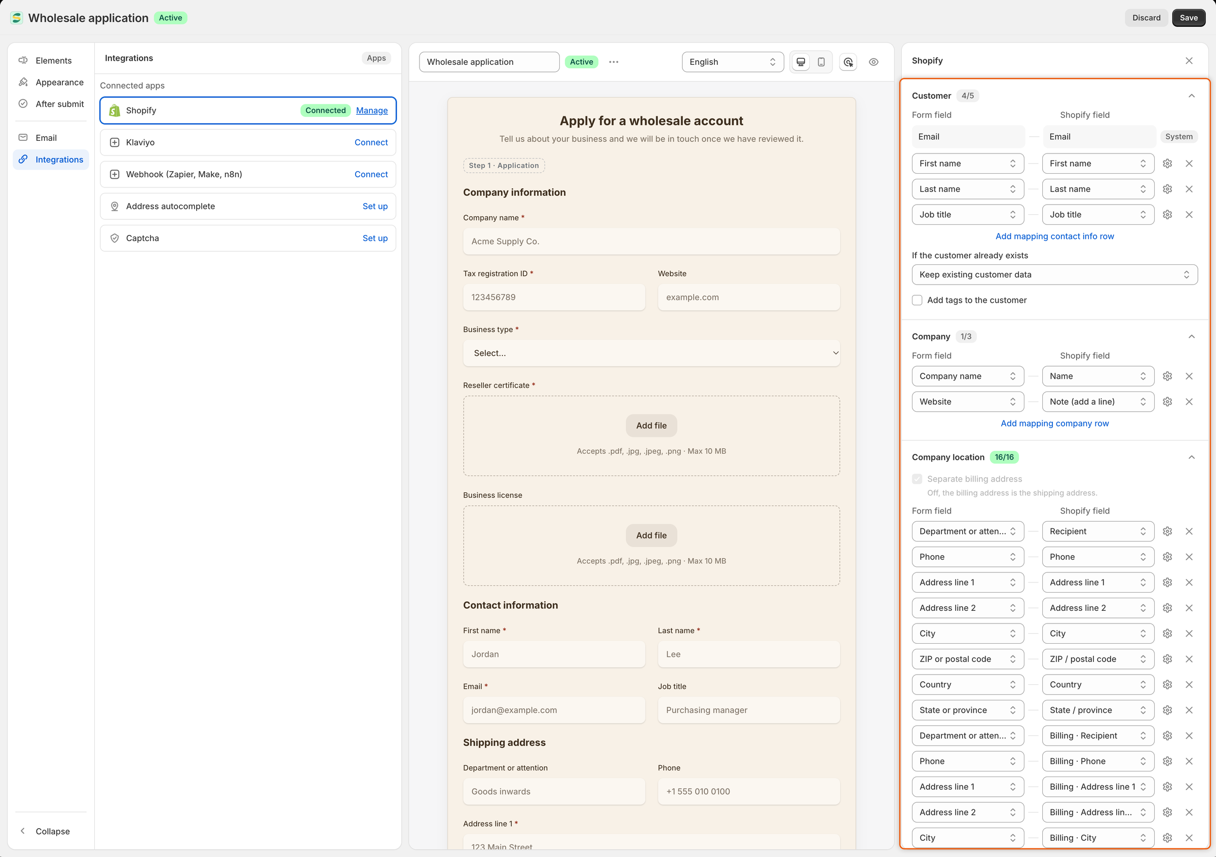The Shopify panel in the form builder, pairing each form field with a Shopify field under Customer (4/5), Company (1/3) and Company location (16/16).