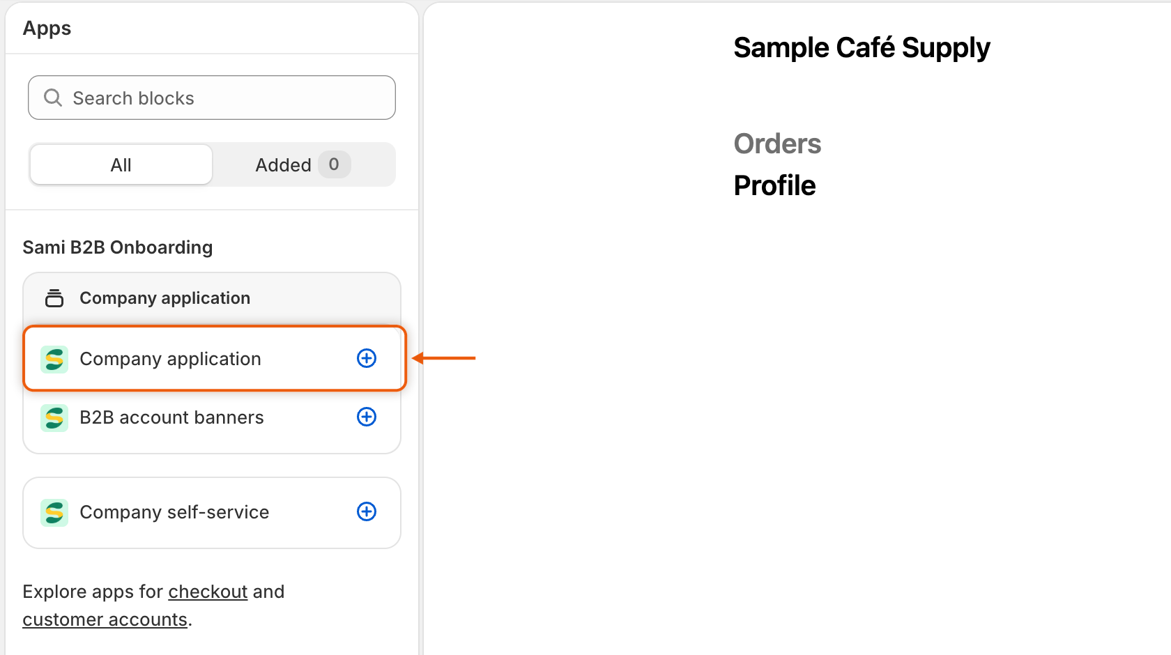 Shopify's checkout and accounts editor with the app's blocks listed, including Company application.
