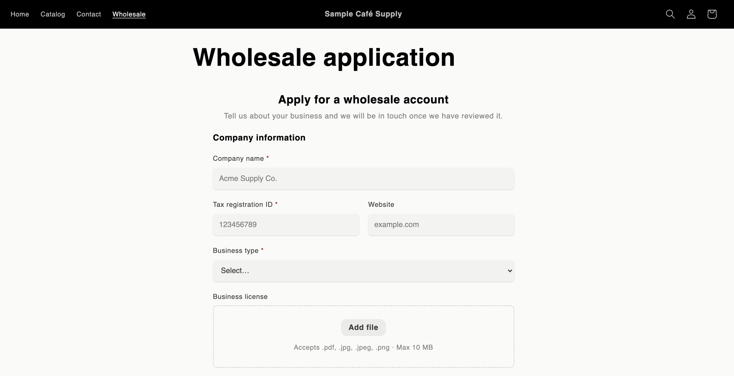 The store's header with Wholesale after Home, Catalog and Contact in the main menu, and the Wholesale application page open below it showing the Apply for a wholesale account form.