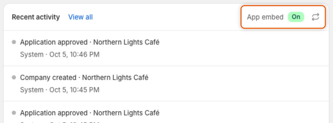 The Recent activity card header showing App embed with an On badge.
