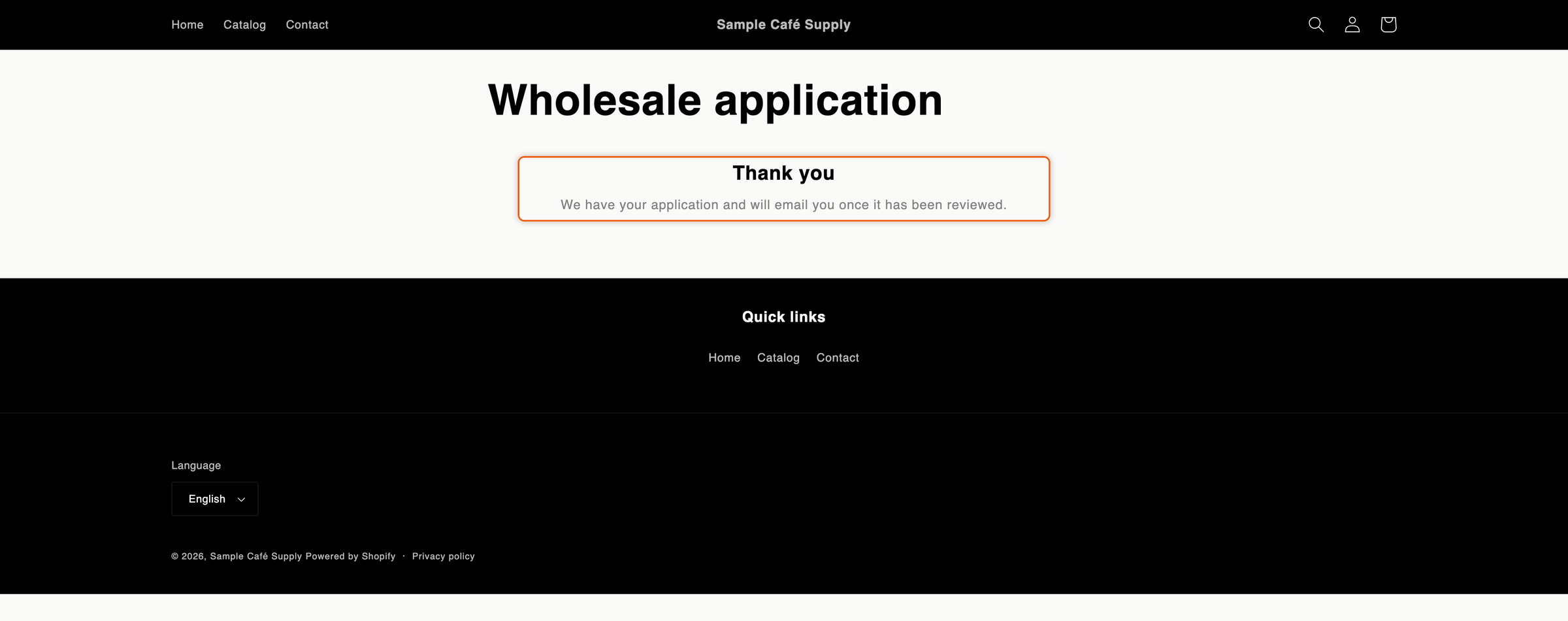 The store's wholesale application page after submitting, showing the heading Thank you and the message below it.