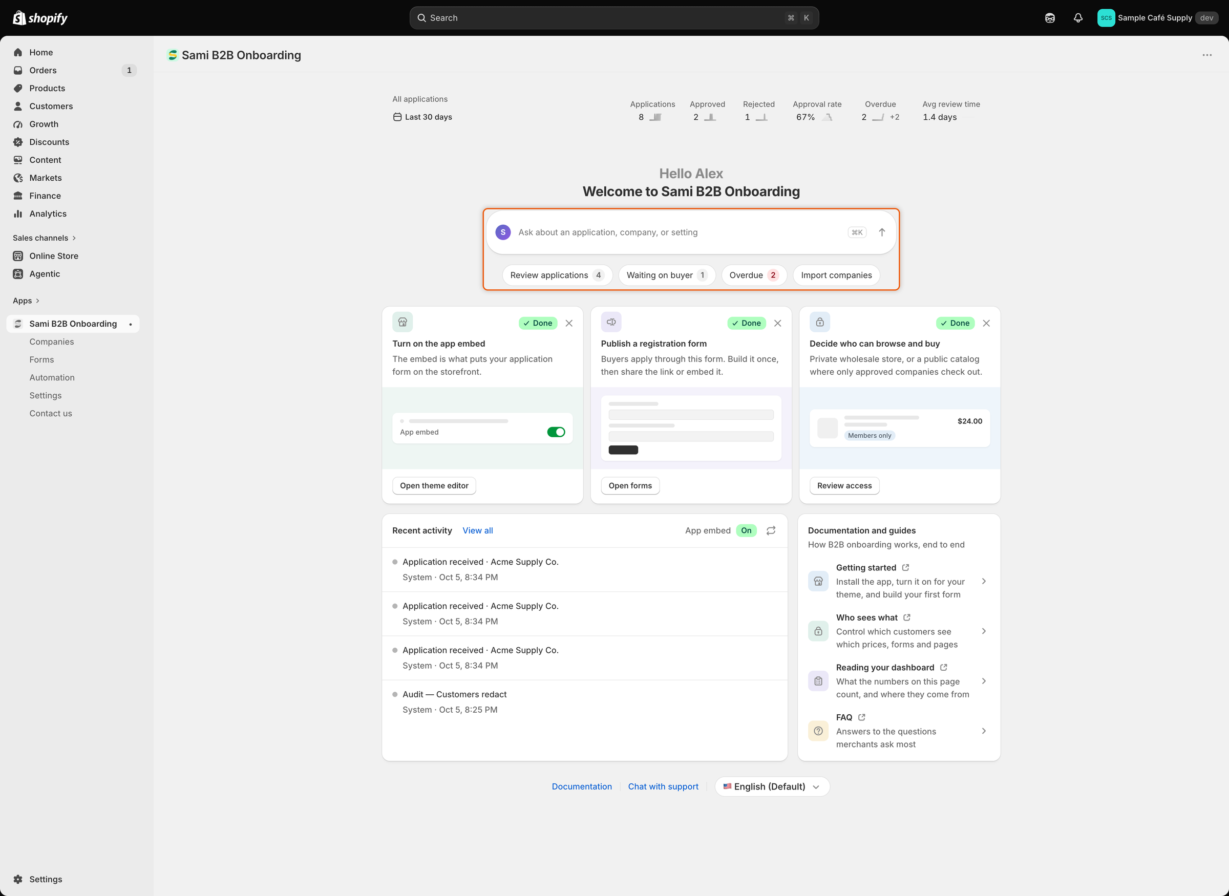 The Home search box with Review applications (4), Waiting on buyer (1), Overdue (2) and Import companies buttons below it.