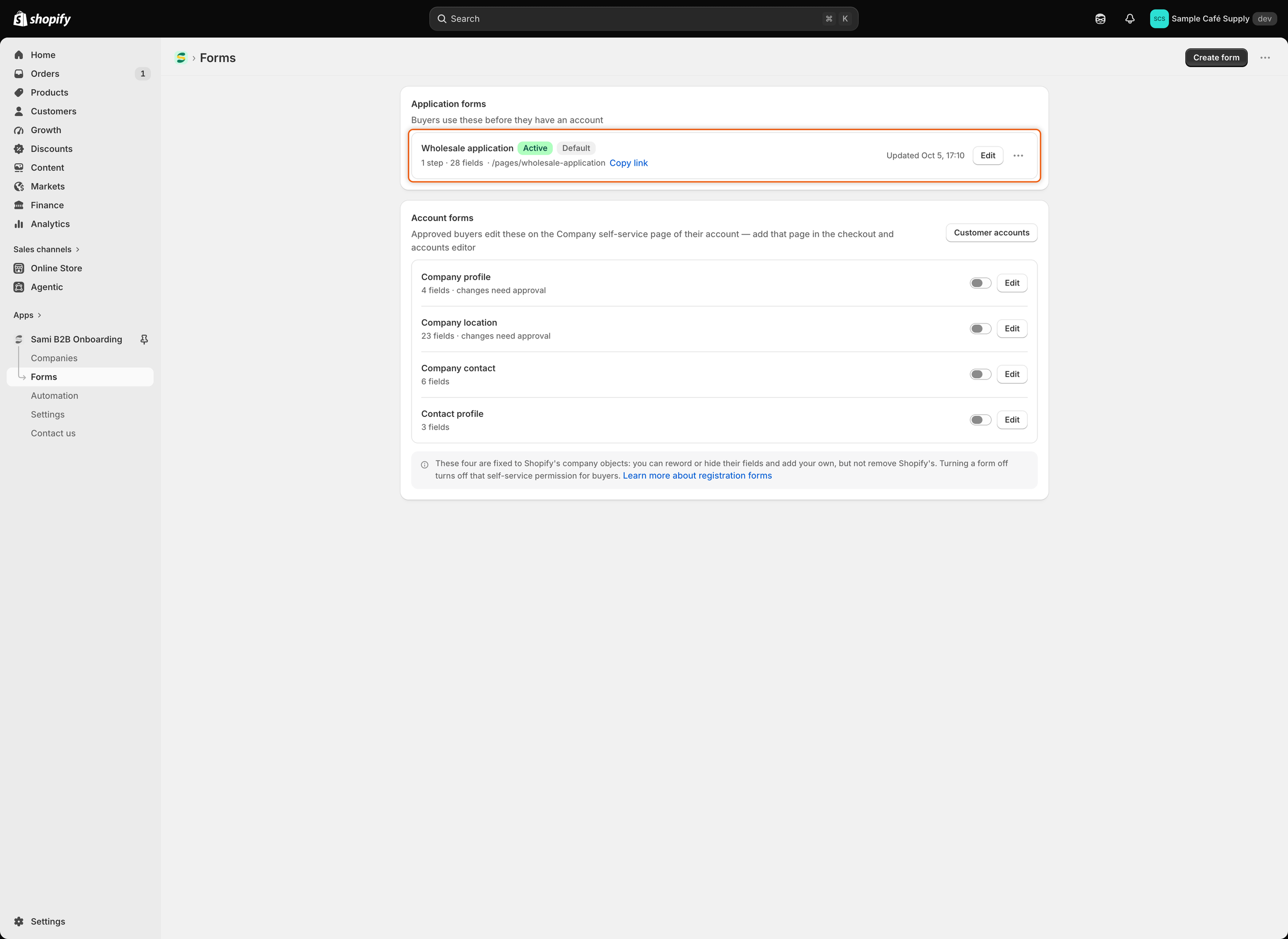 The Forms page listing the Wholesale application form with Active and Default badges and its page address.