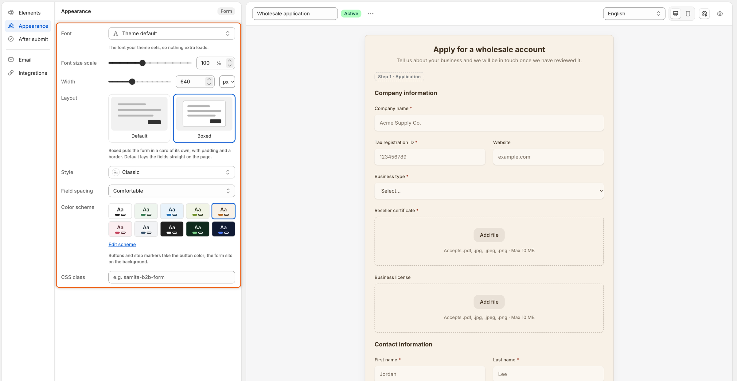 The Appearance panel in the form builder with Font, Font size scale, Width, Layout, Style, Field spacing, Color scheme and CSS class, beside a preview of the form in a boxed layout.