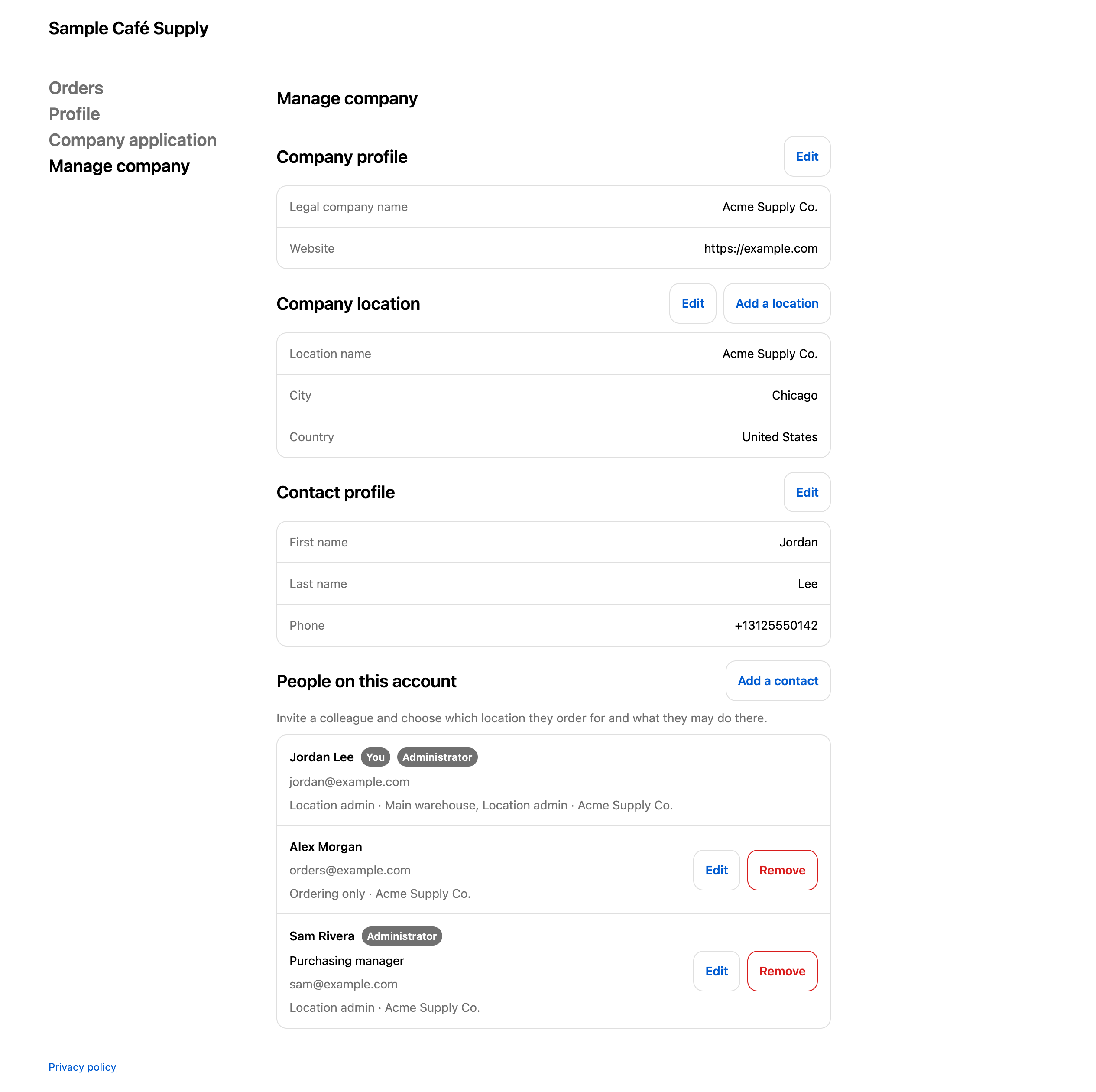 The Manage company page with company detail cards at the top and a list of the company's people below, where the colleague's row has Edit and Remove buttons.
