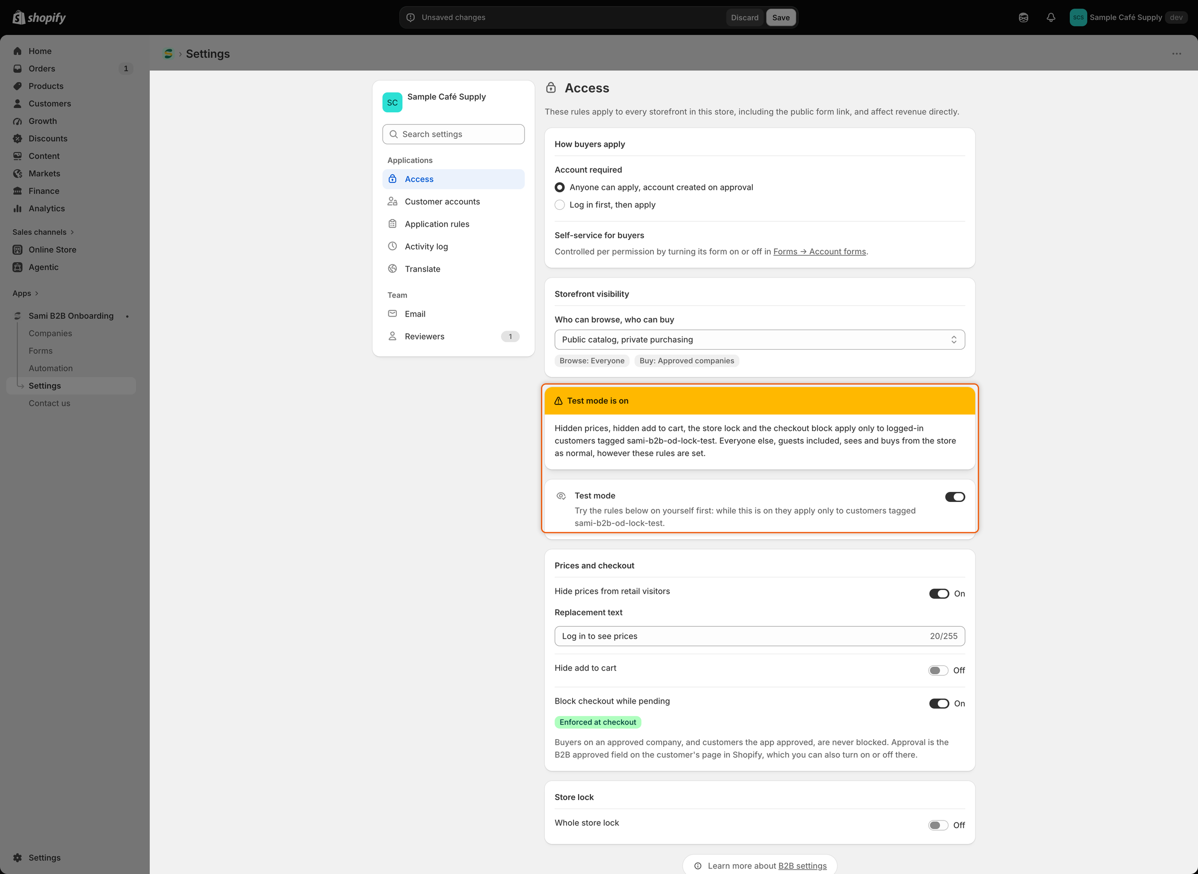The Access page with a yellow Test mode is on banner above the Test mode switch, which is turned on.