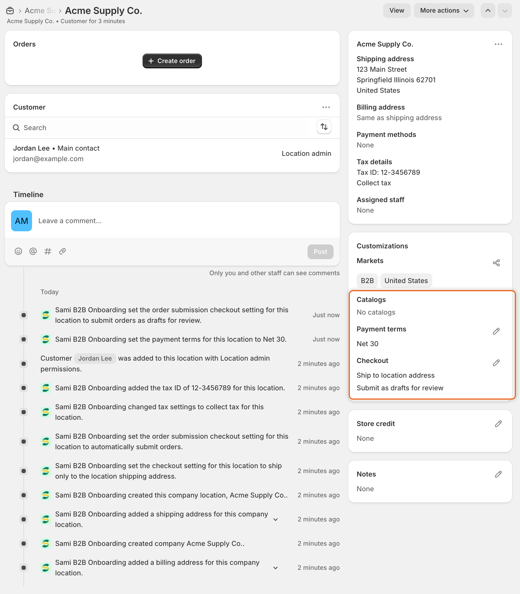 The Acme Supply Co. location in the Shopify admin, with Jordan Lee as main contact and Location admin, No catalogs, Net 30 payment terms, Submit as drafts for review, and Collect tax.