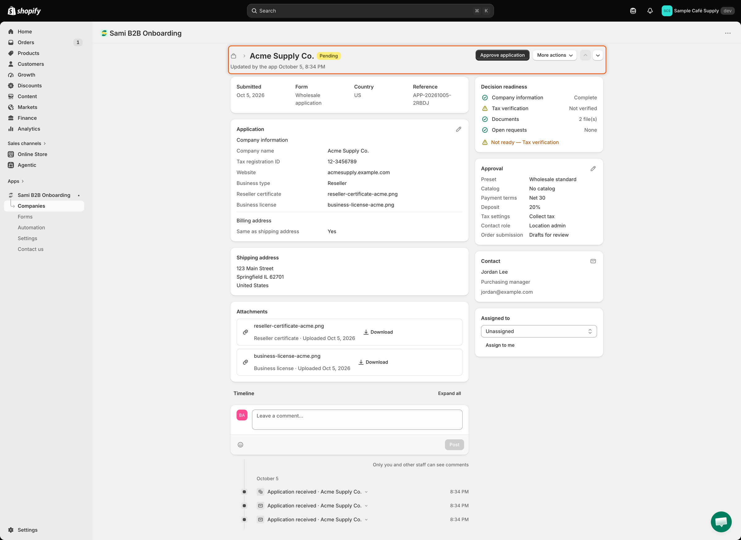 The Acme Supply Co. application page with Approve application and More actions in the header, answers, attachments and timeline on the left, and Decision readiness, Approval, Contact and Assigned to on the right.