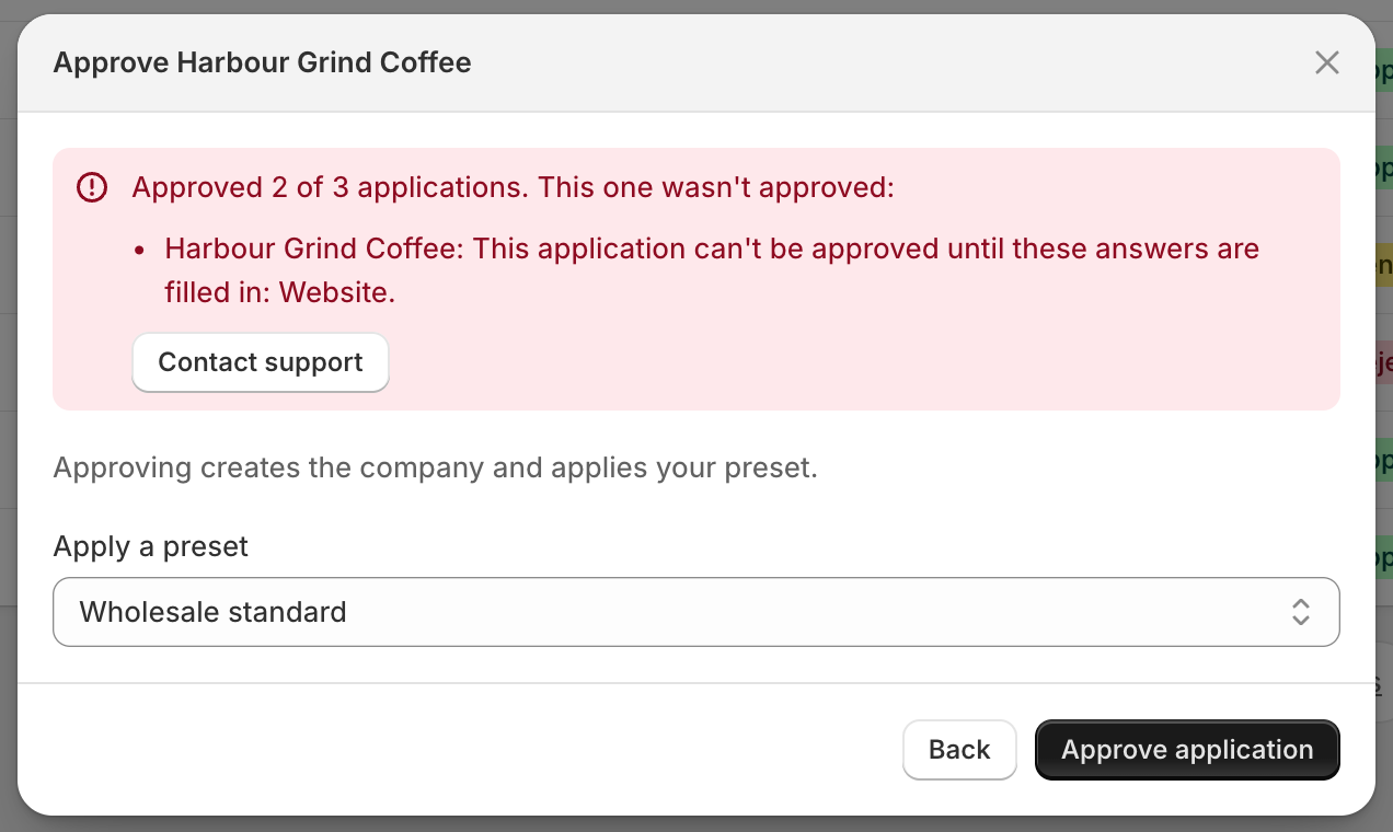 The Approve Harbour Grind Coffee dialog with a red banner reading "Approved 2 of 3 applications. This one wasn't approved:" and saying Harbour Grind Coffee can't be approved until Website is filled in.
