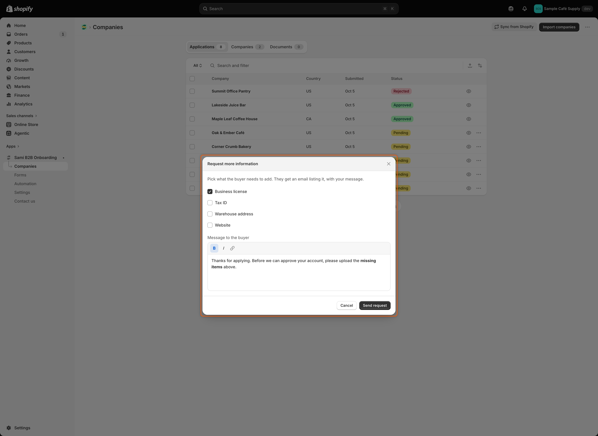 The Request more information dialog with Business license ticked among four checkboxes, the default message to the buyer with two words in bold, and the Send request button.