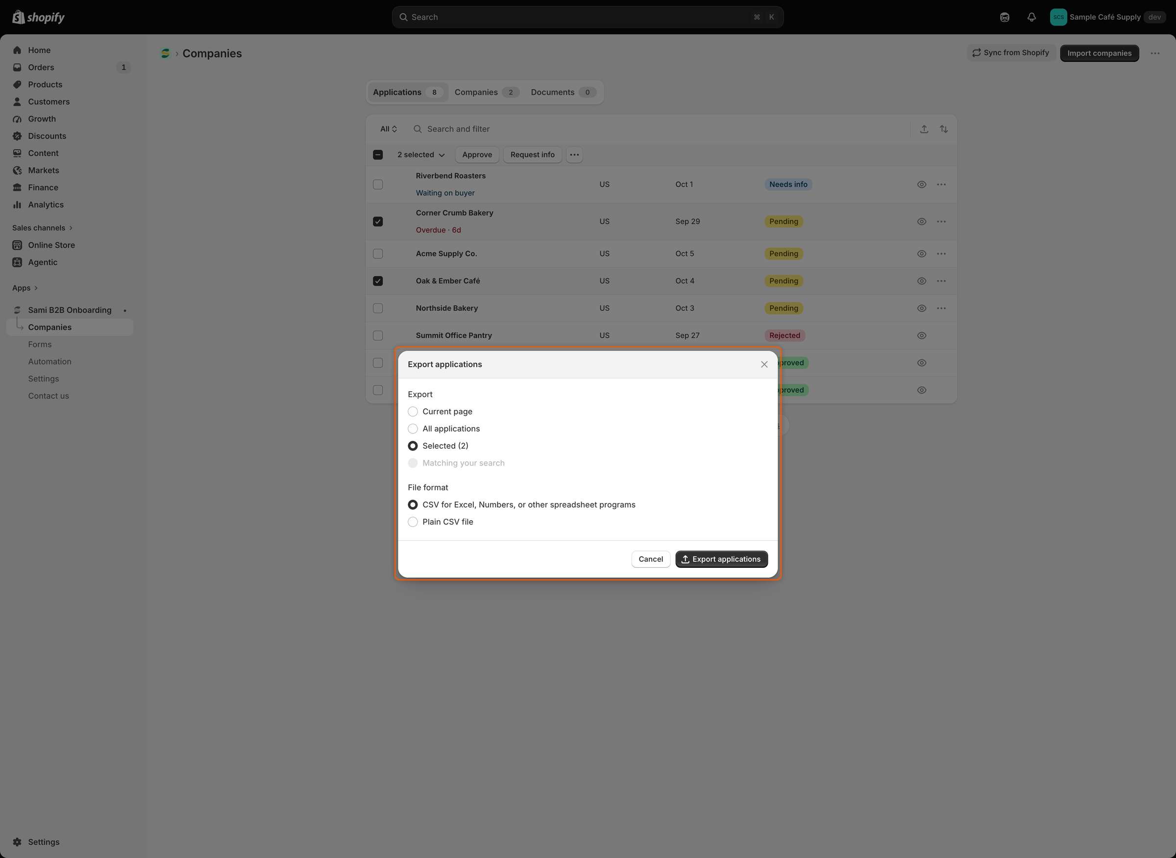 The Export applications dialog with Selected (2) chosen under Export, Matching your search greyed out, and CSV for Excel, Numbers, or other spreadsheet programs chosen under File format.