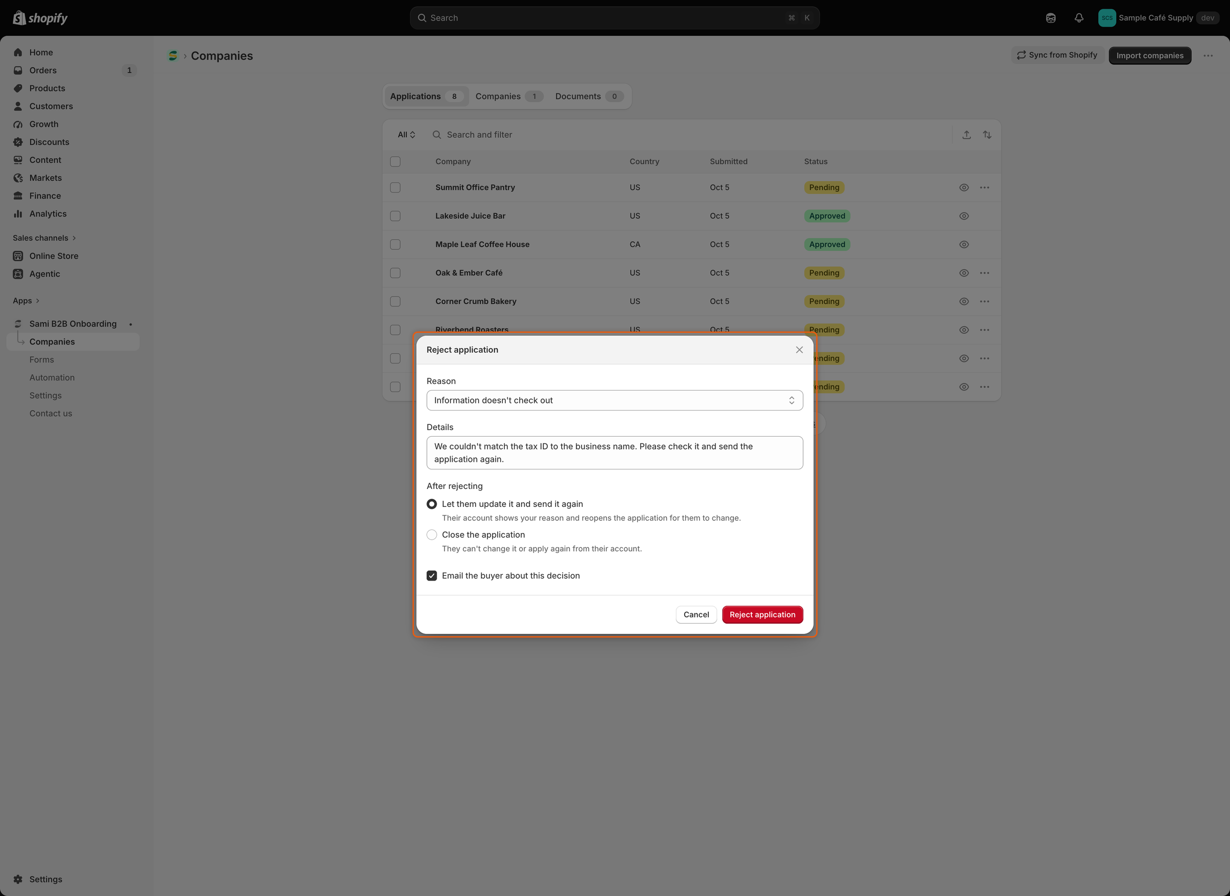 The Reject application dialog with Information doesn't check out as the reason, a short note under Details, Let them update it and send it again picked, and Email the buyer about this decision ticked.