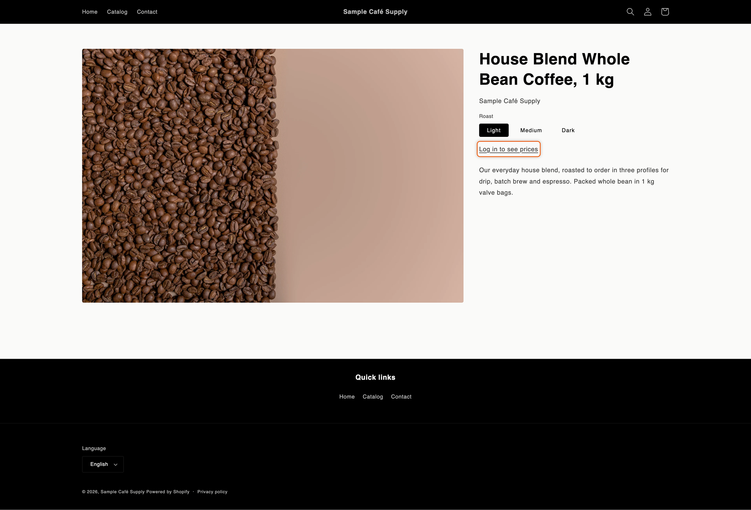 A product page showing the link "Log in to see prices" in place of the price, with no Add to cart or Buy it now button.