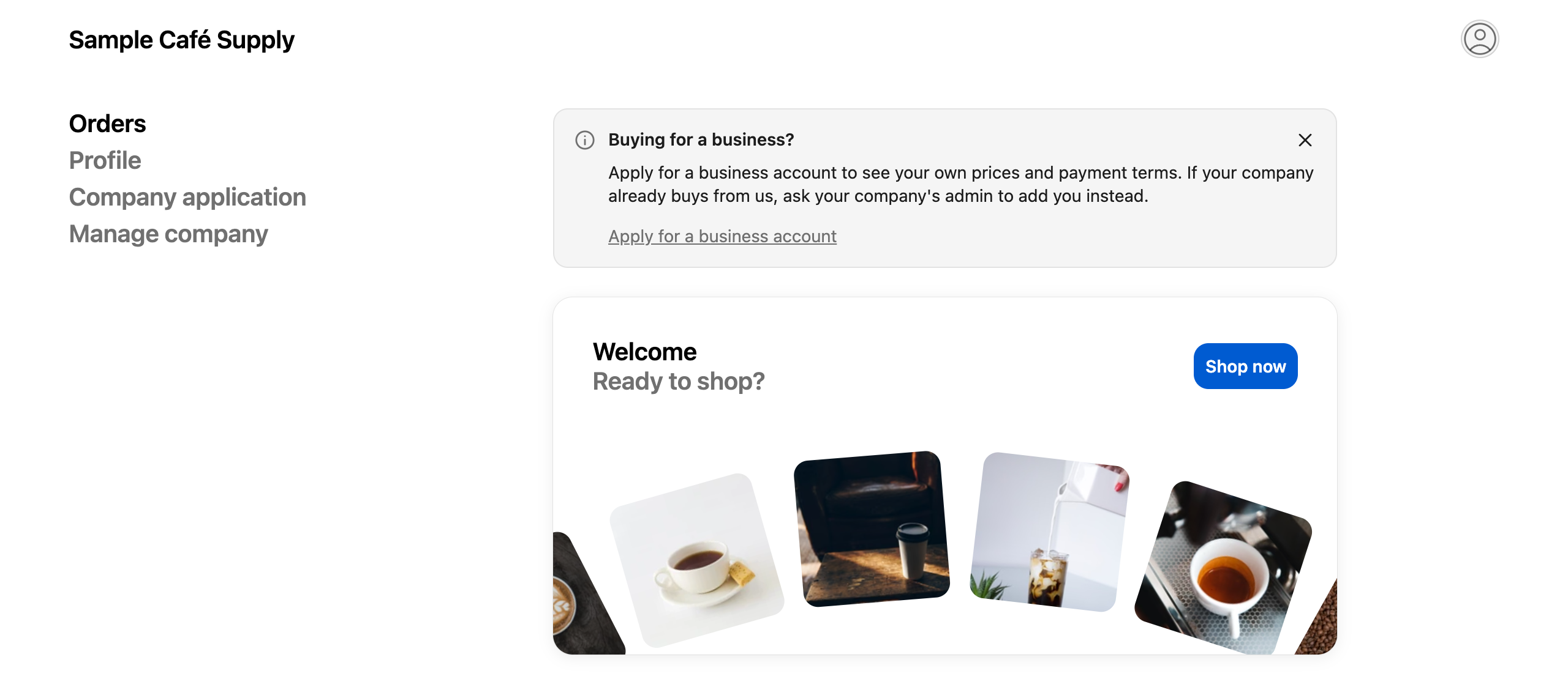 The Orders page of a customer account with a banner that reads Buying for a business? and an Apply for a business account link.