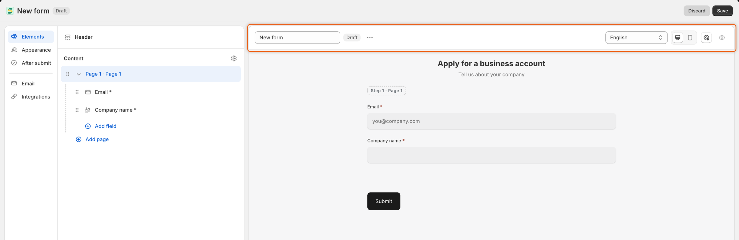 The form builder for a new form, with the Form name box at the top, a page holding Email and Company name in the left panel, and the form preview in the middle.