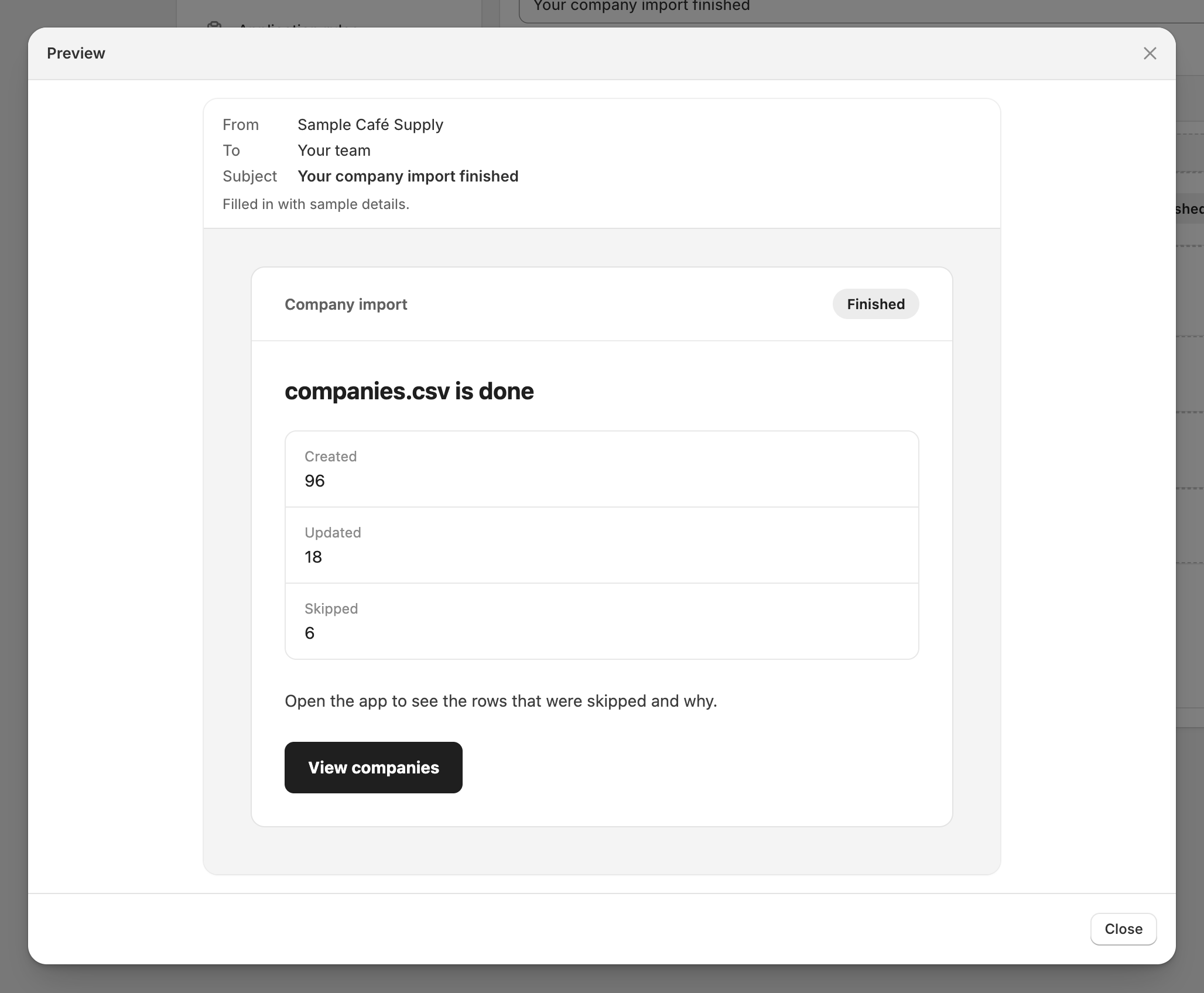 The Preview dialog for the Import completed email, showing who it's from and to, the subject, and the designed email filled in with sample numbers.