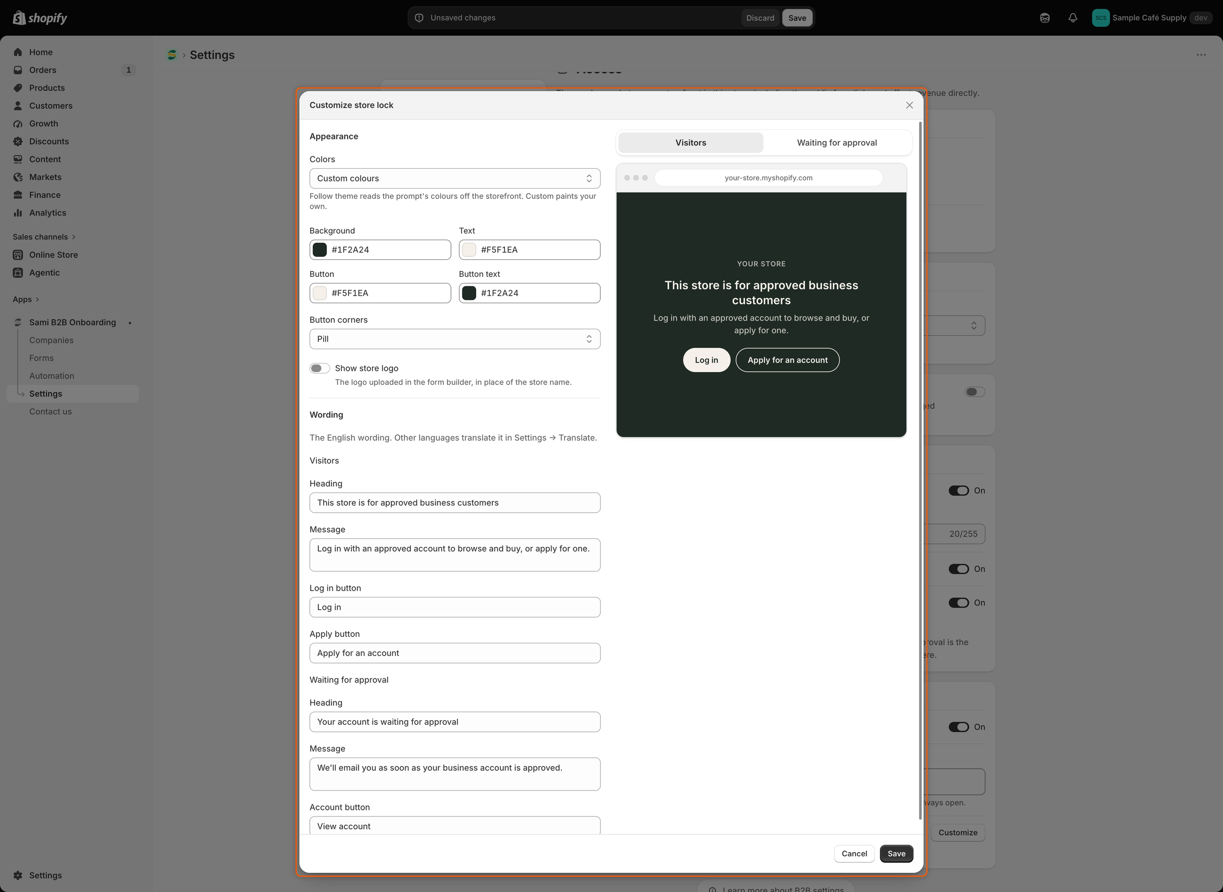 The Customize store lock dialog with color settings and wording fields on the left and a preview of the lock screen on the right.