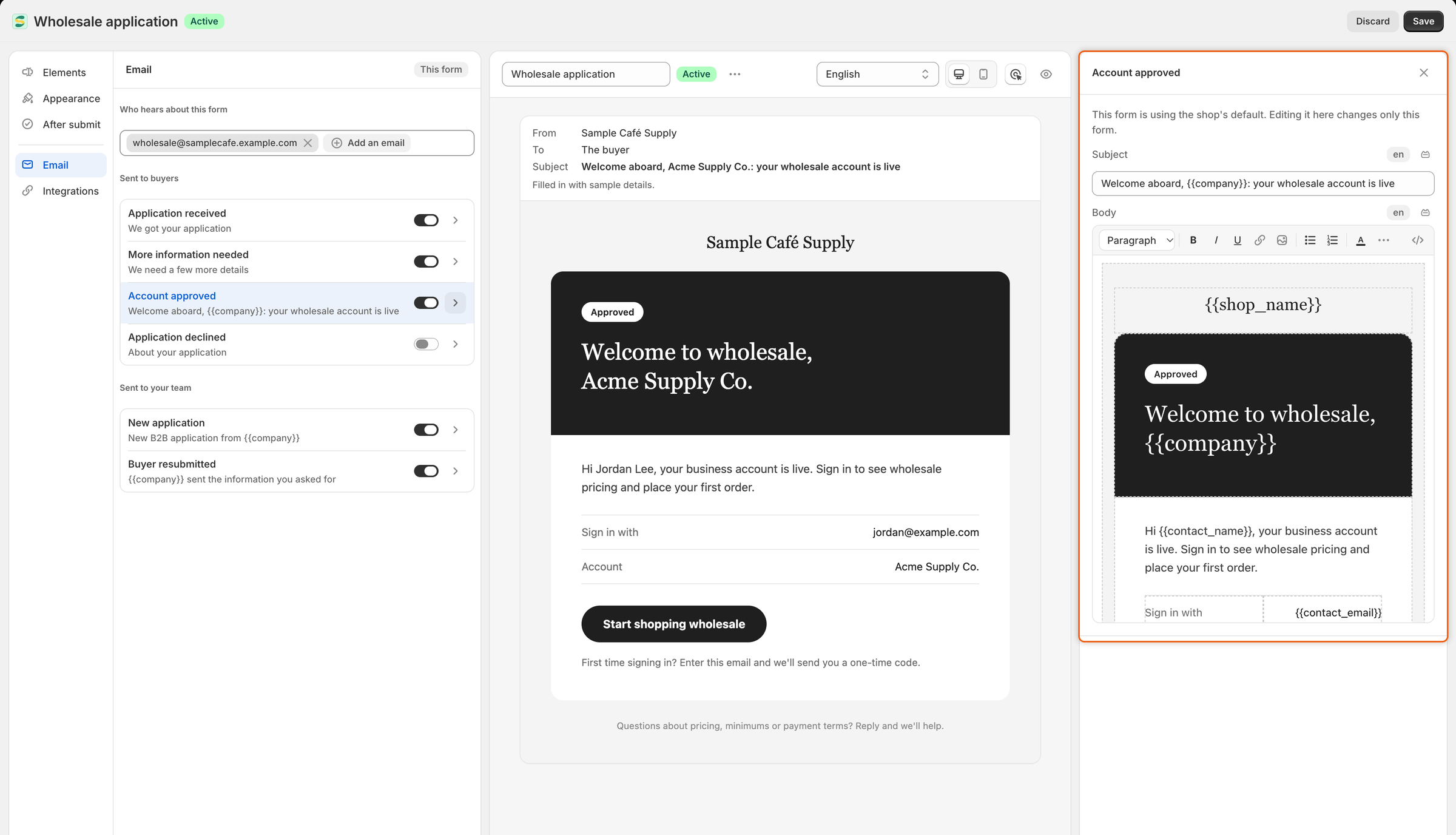 The form builder with the Account approved email open: its subject and body in the panel on the right, and a preview of the finished email, filled in for Acme Supply Co., in the middle.