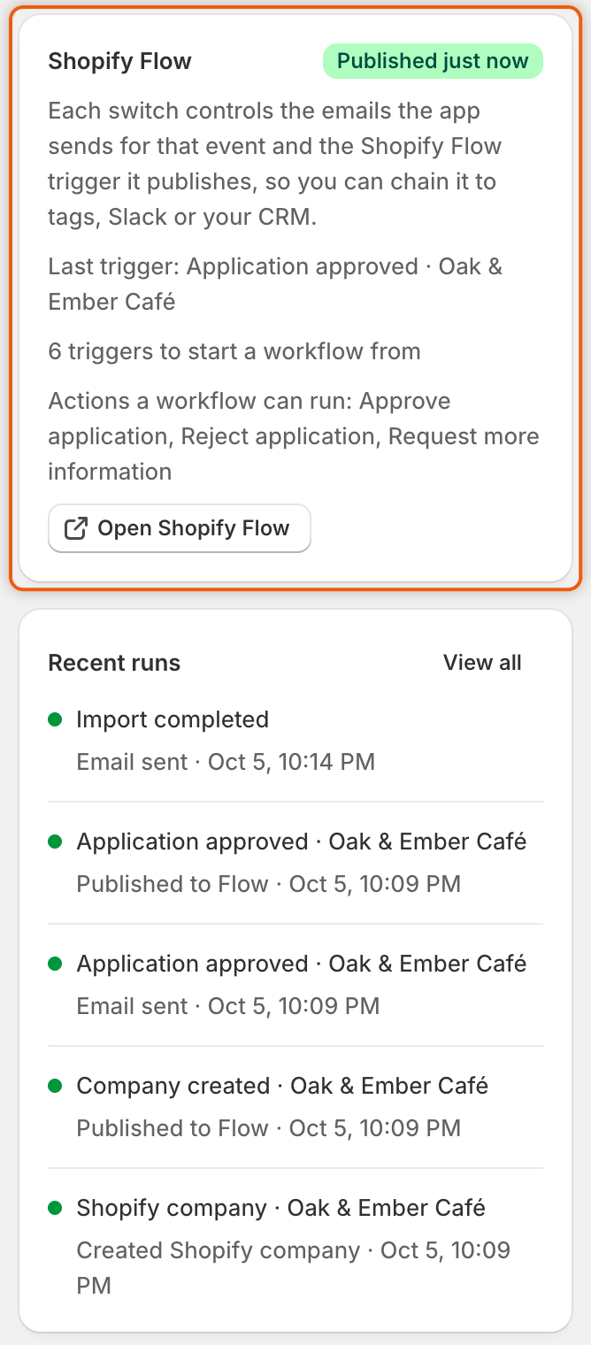 The Shopify Flow card with a green Published just now badge, the last trigger Application approved · Oak & Ember Café, the actions list and the Open Shopify Flow button, above the Recent runs card.