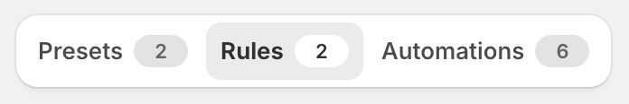The Automation screen's three tabs with their counts: Presets 2, Rules 2 (selected) and Automations 6.
