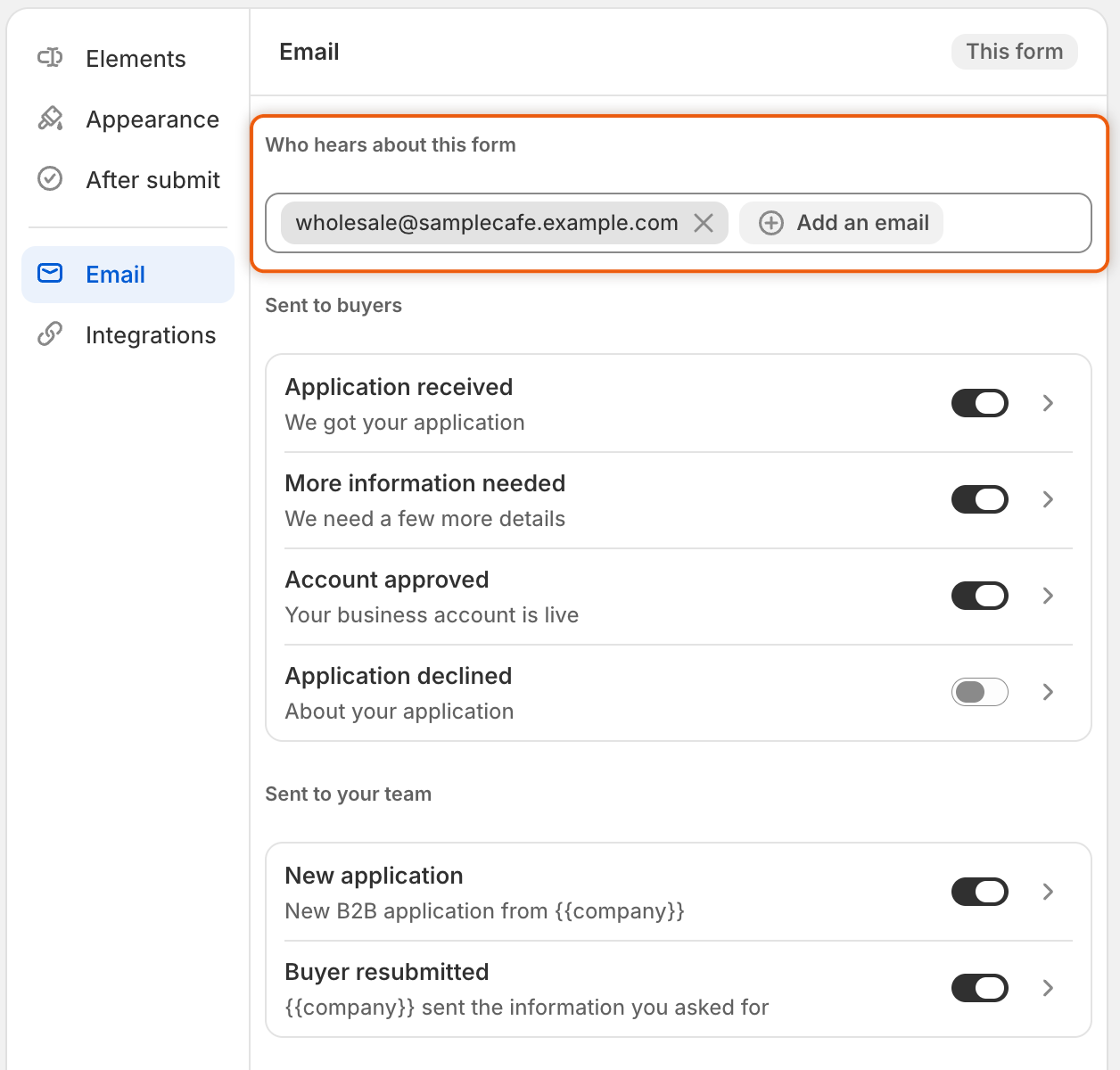 The form builder's Email section with one address under Who hears about this form, above the lists of buyer and team emails.