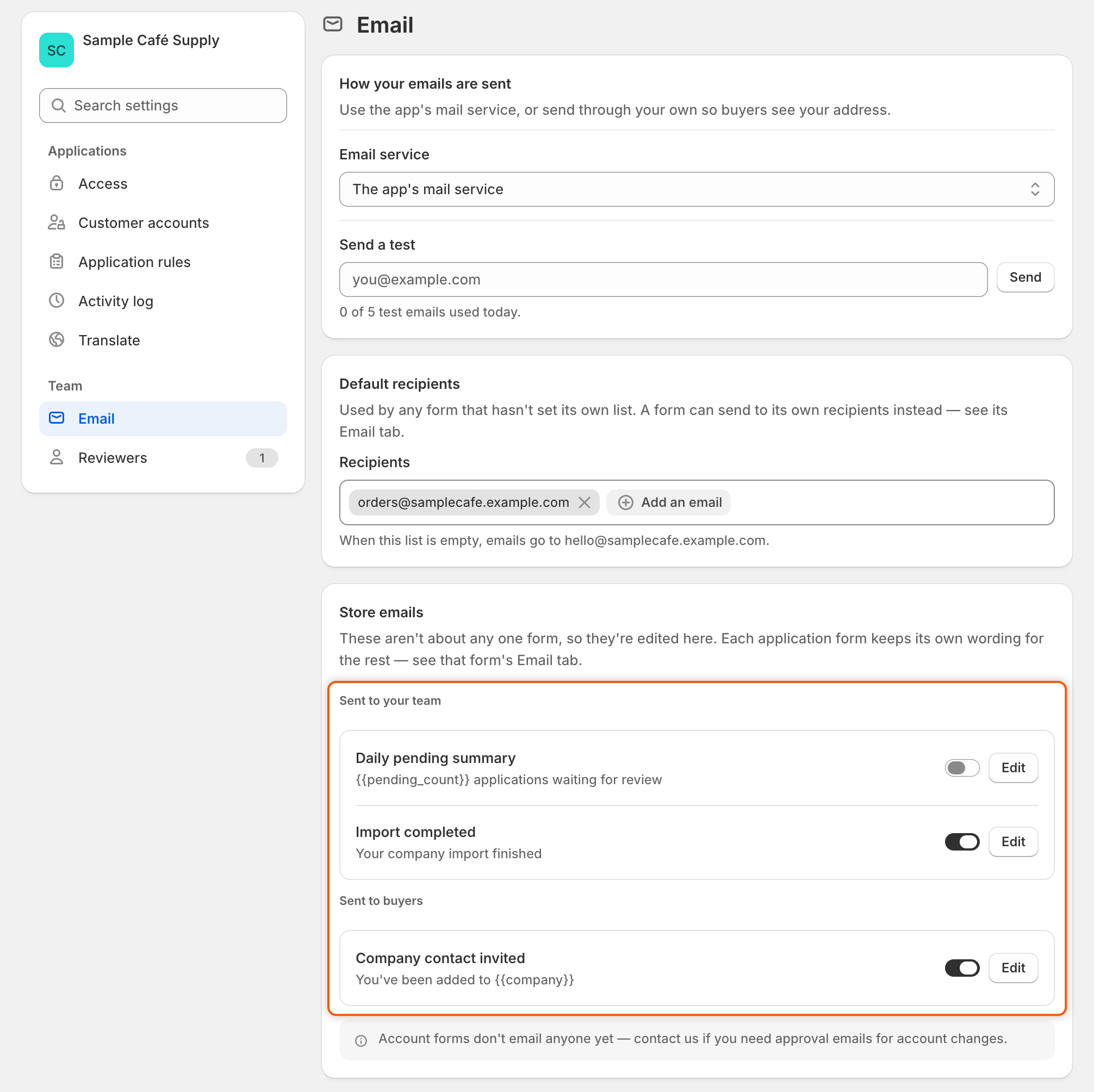 The Store emails list in Settings › Email with Daily pending summary and Import completed under Sent to your team and Company contact invited under Sent to buyers, each with a switch and an Edit button.