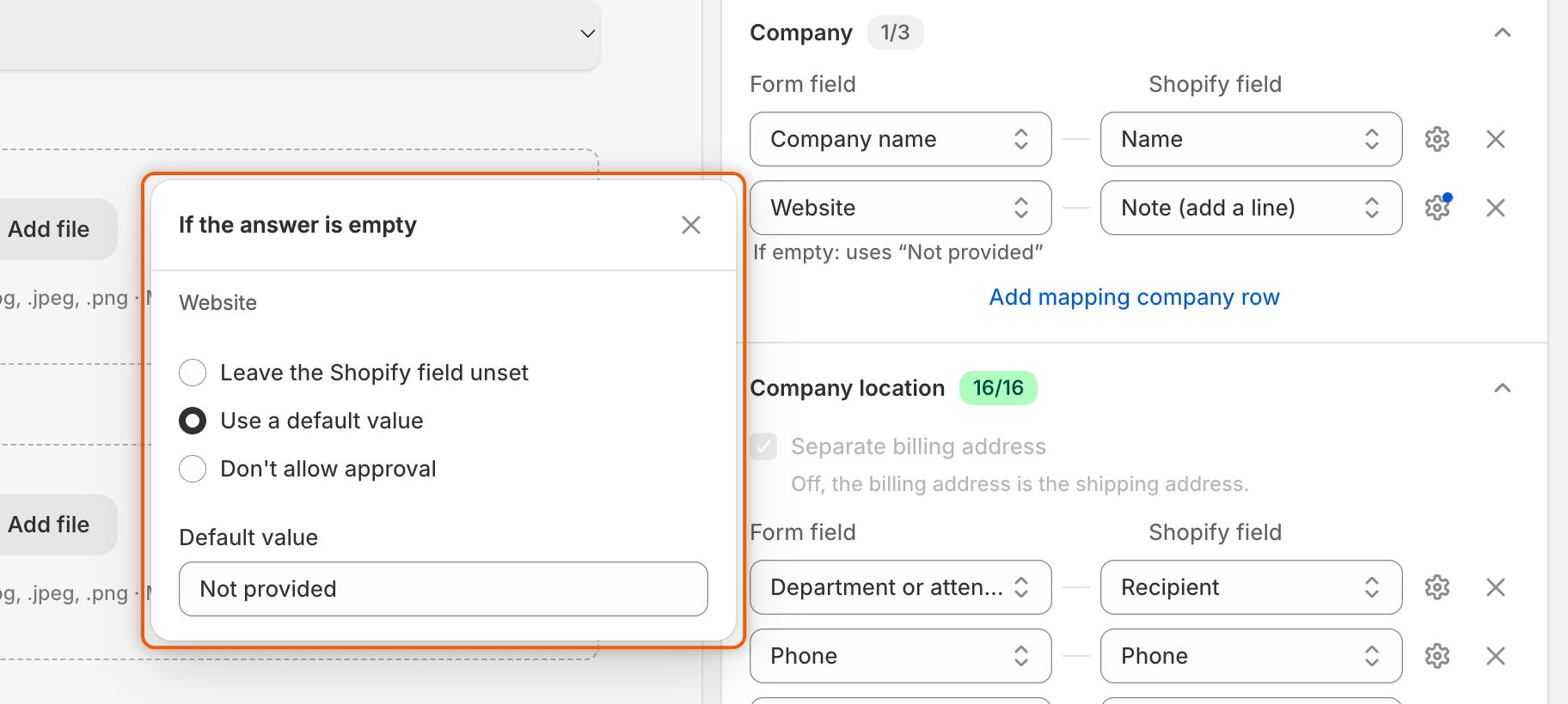 The If the answer is empty panel for Website, with Use a default value selected and Not provided as the default value, beside the Website row that now reads If empty: uses “Not provided”.