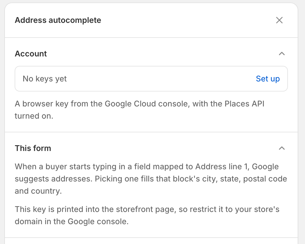 The Address autocomplete panel before a key is saved: No keys yet with a Set up link under Account, and notes under This form on which field gets suggestions and why to restrict the key.