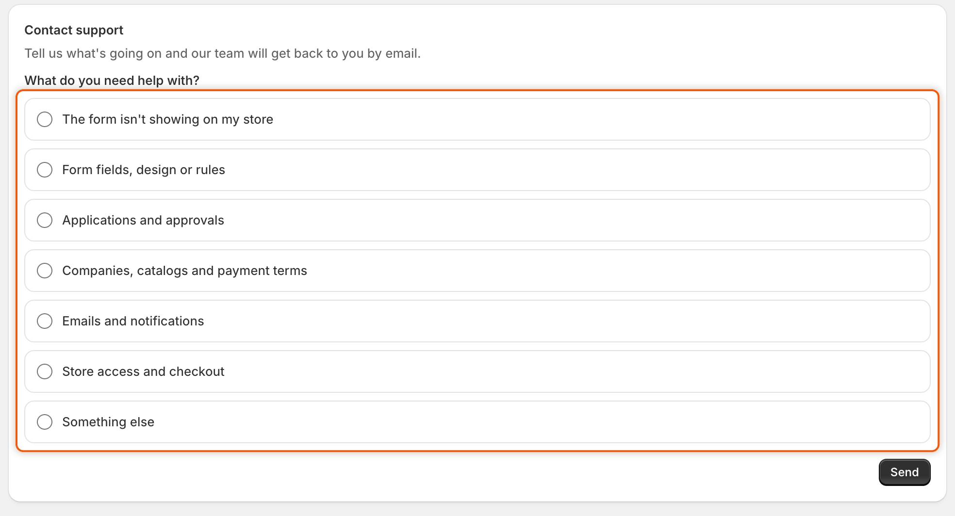 The Contact support card on the Contact us page, asking What do you need help with? with seven topics to pick from, such as The form isn't showing on my store and Applications and approvals.