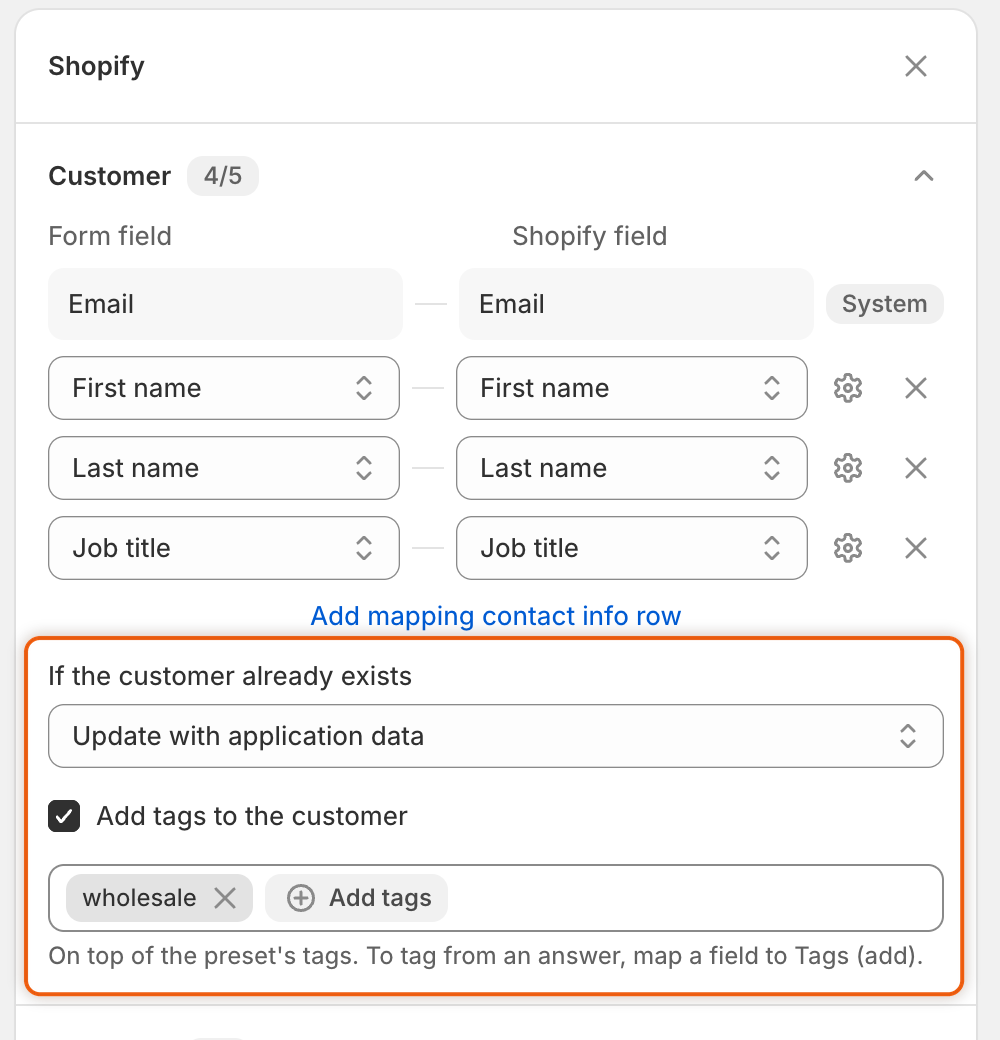 The Customer section of the Shopify panel, with Update with application data chosen and the tag wholesale added.