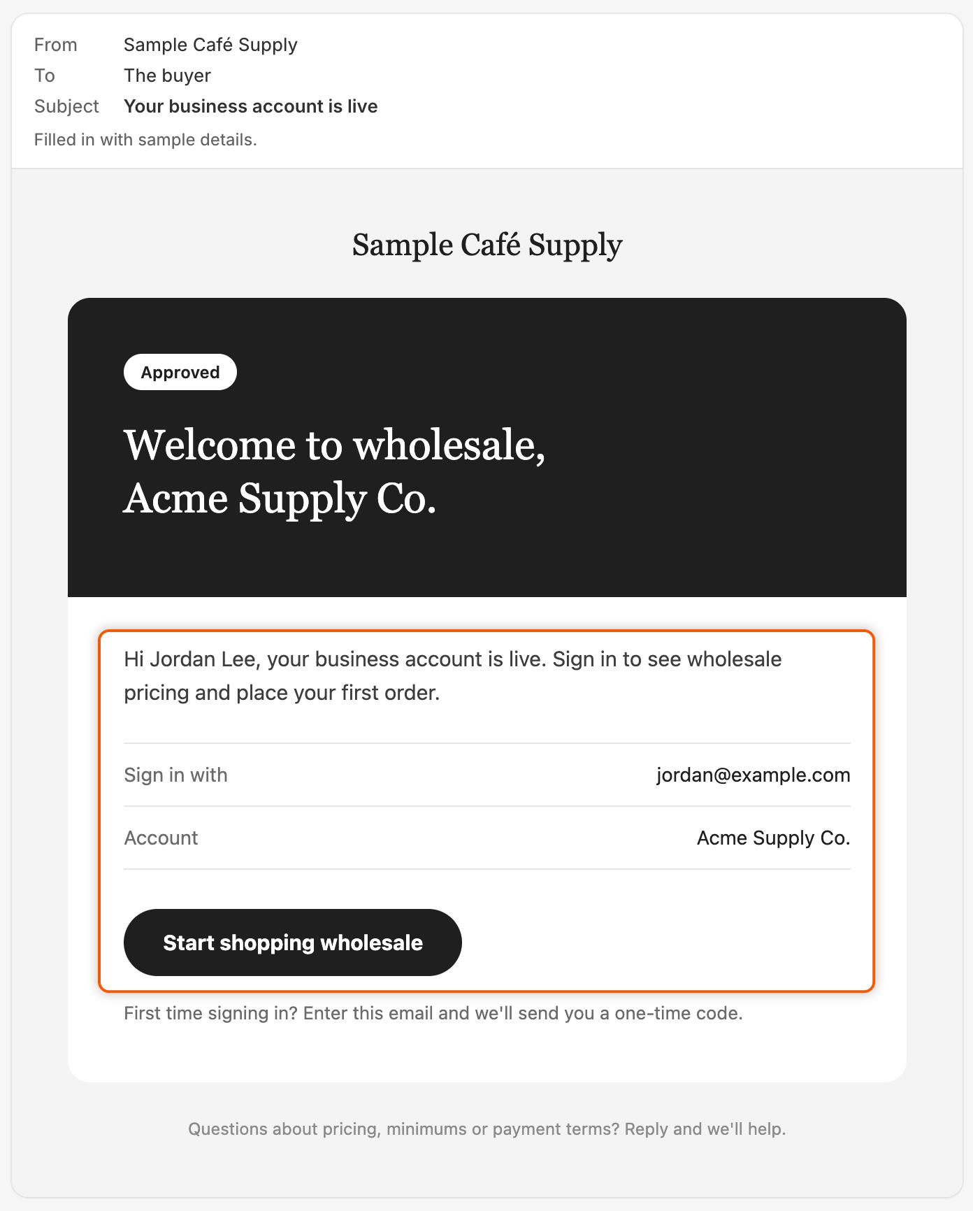 A preview of the Your business account is live email from Sample Café Supply, welcoming Acme Supply Co. to wholesale, with sign-in details and a Start shopping wholesale button.