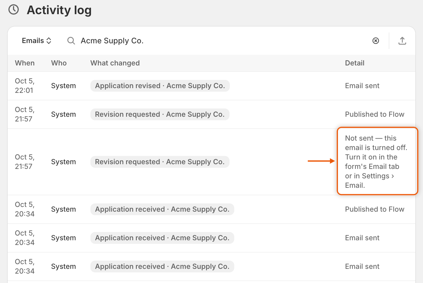 The Activity log in the Emails view searched for Acme Supply Co., with one Revision requested row whose detail says the email wasn't sent because it's turned off.