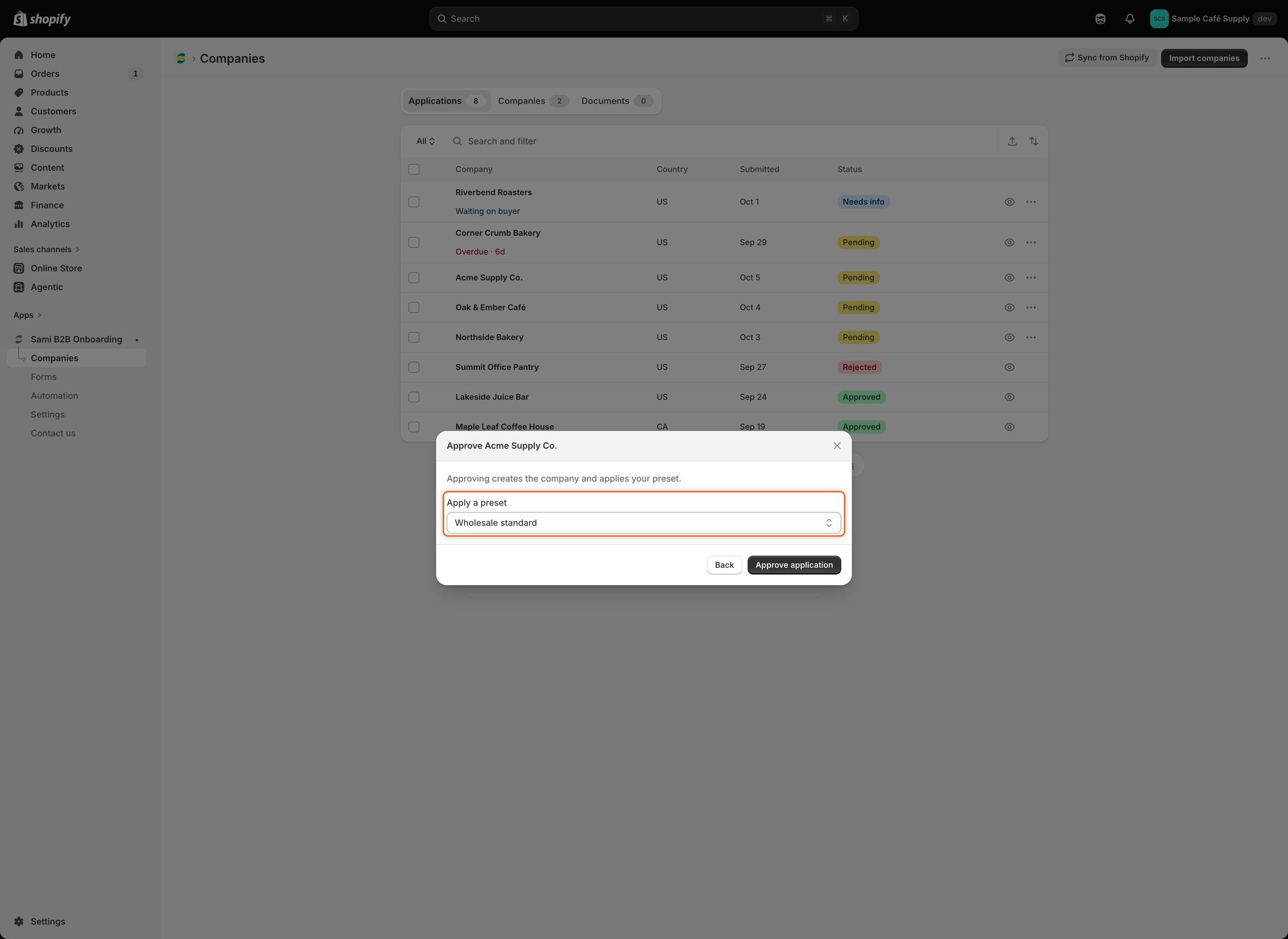 The Approve Acme Supply Co. dialog over the Applications list, with Wholesale standard picked under Apply a preset and the Back and Approve application buttons.