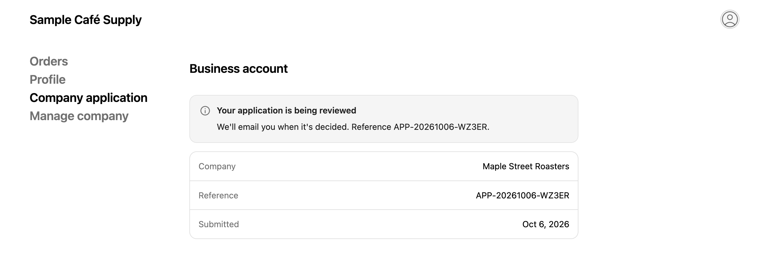 The Business account page in a customer account, showing that the application is being reviewed, with the company name, reference and submitted date below.