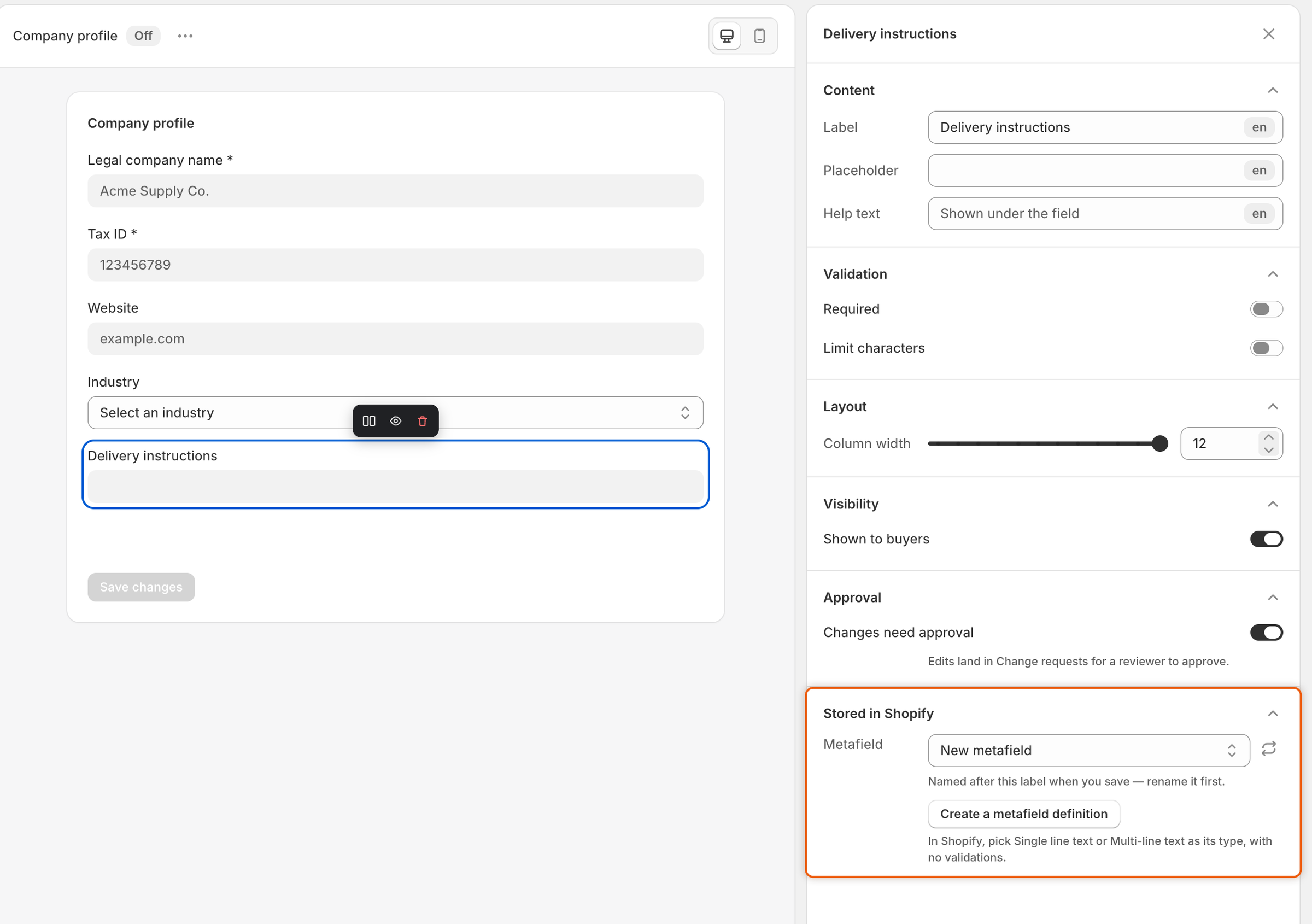 The Stored in Shopify section of a new field, with the Metafield box set to New metafield and a Create a metafield definition button.