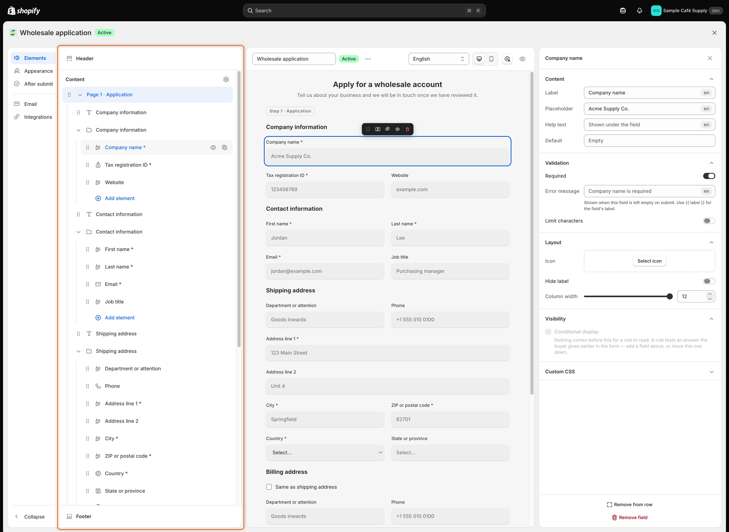 The form builder with the Elements panel on the left, the form preview in the middle and the Company name settings on the right.