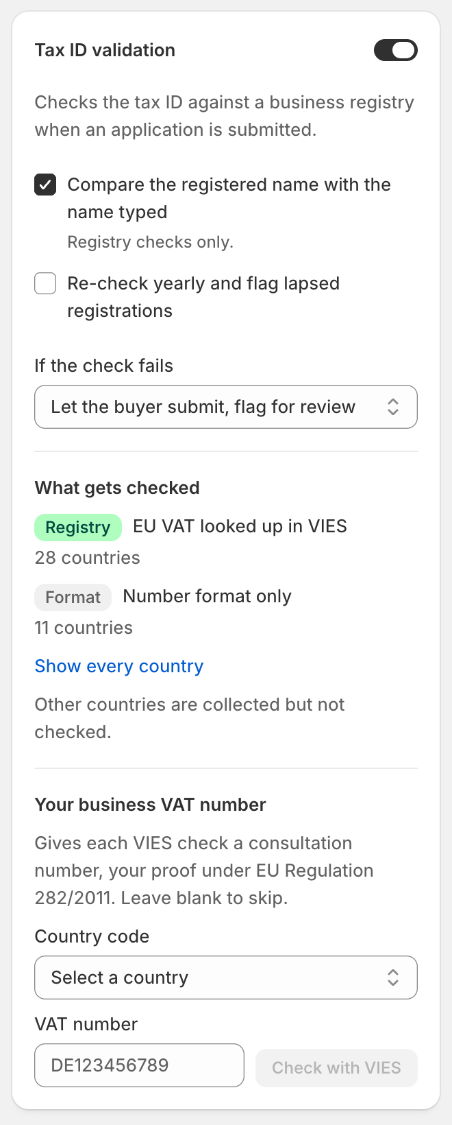 The Tax ID validation card, switched on, with Compare the registered name ticked, Let the buyer submit, flag for review chosen, the What gets checked summary and the business VAT number fields.