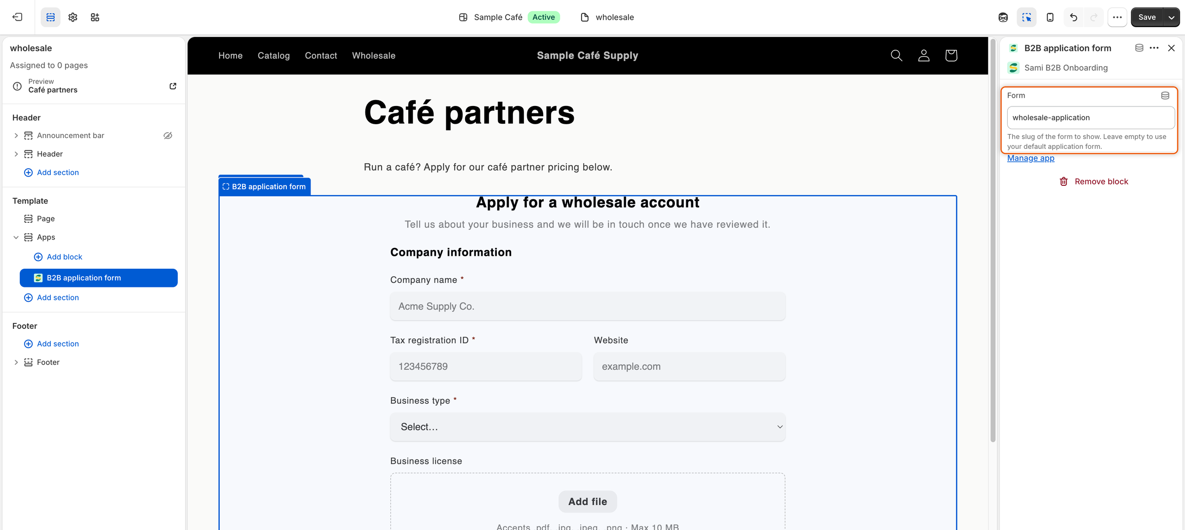 The theme editor on the wholesale page template, with the B2B application form block selected, wholesale-application typed in its Form box, and the application form in the preview.