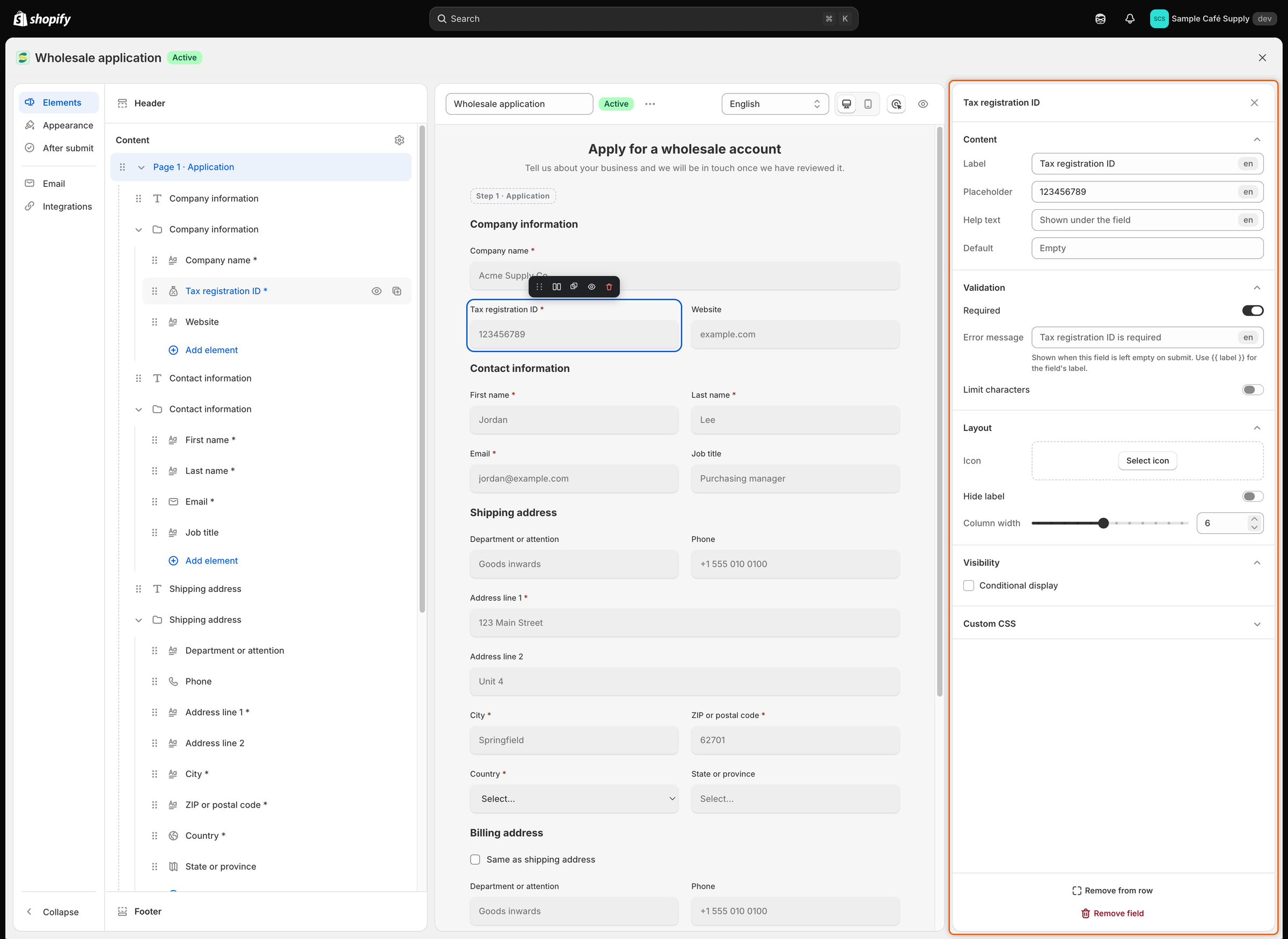 The settings panel for the Tax registration ID field, with the Content, Validation, Layout and Visibility sections open and Custom CSS collapsed.