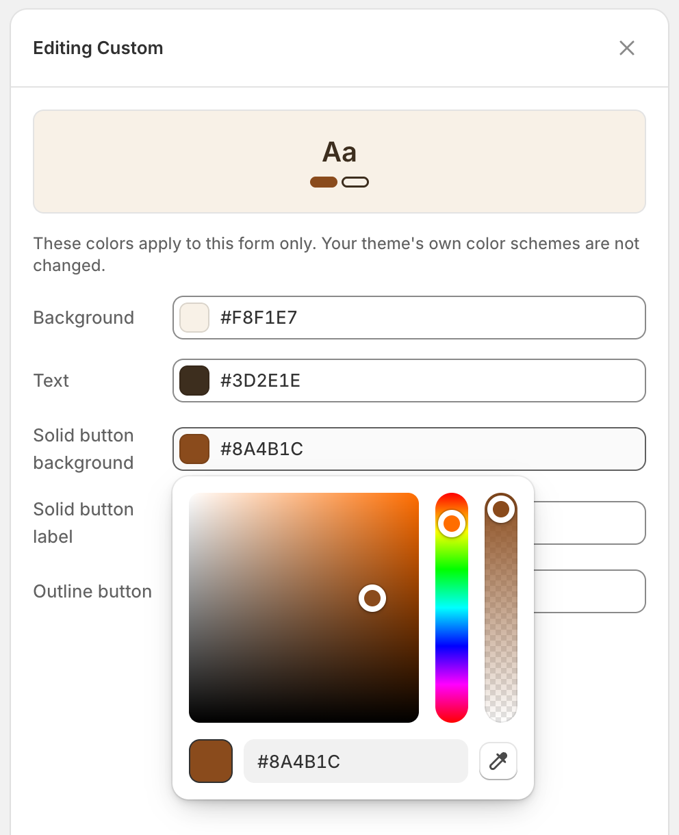 The Editing Custom panel with Background, Text, Solid button background, Solid button label and Outline button rows, and a color picker open under Solid button background showing #8A4B1C.